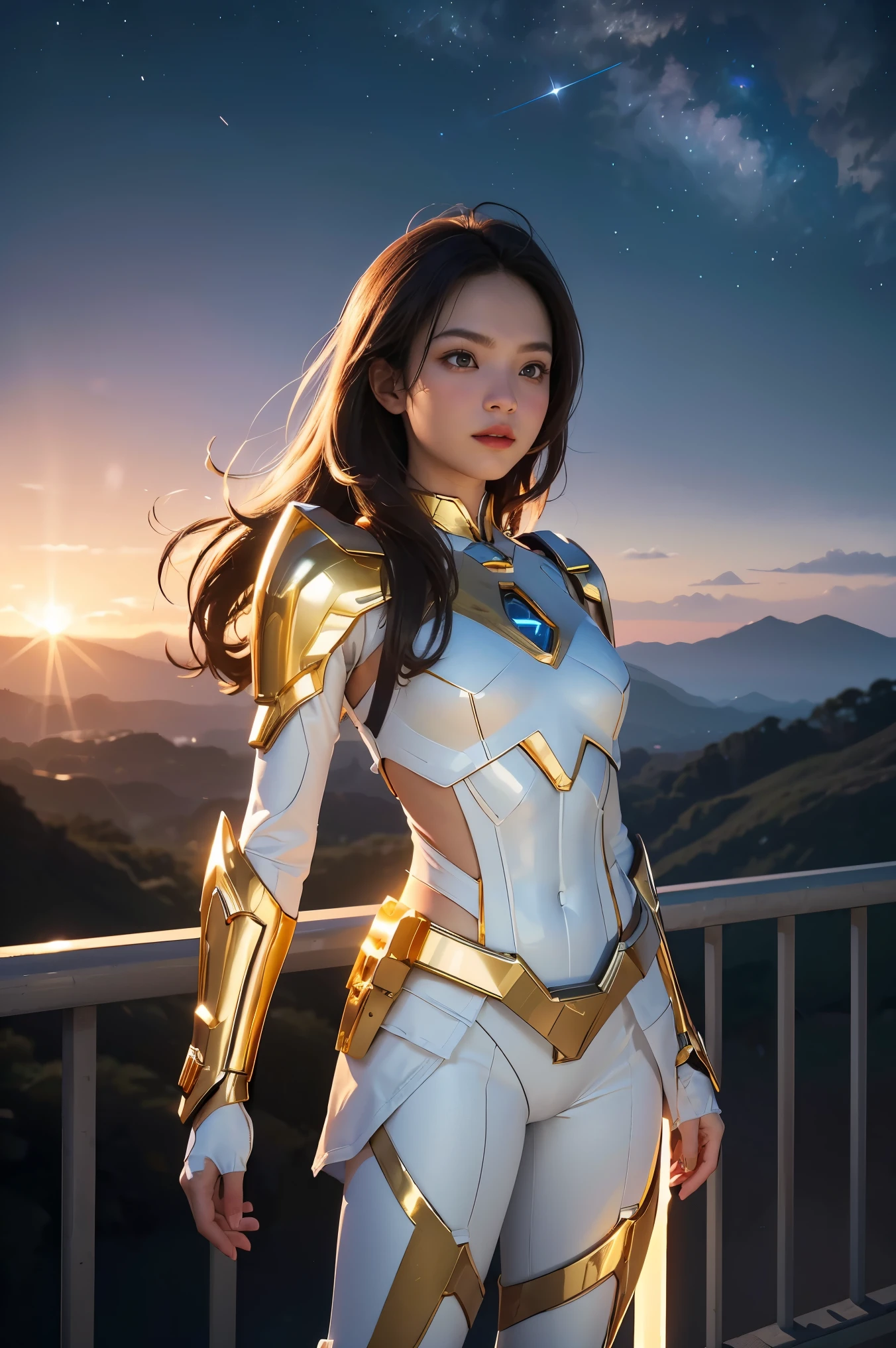 ((masterpiece, best quality, extremely detailed), volumetric lighting, ambient occlusion, colorful, glowing), 1girl, solo, young girl, (dark hair), long hair, halo, aura, sacred, goddess, cleric suit, (white outfit with gold detailst:1.3), armor, outdoors, sunset, sky, clouds, space, (fantasy theme:1.2),ม 1girl, full body, Illustration, cinematic light, high resolution, best quality, ultra-detailed, masterpiece, power suit, powerranger, suit, spd,