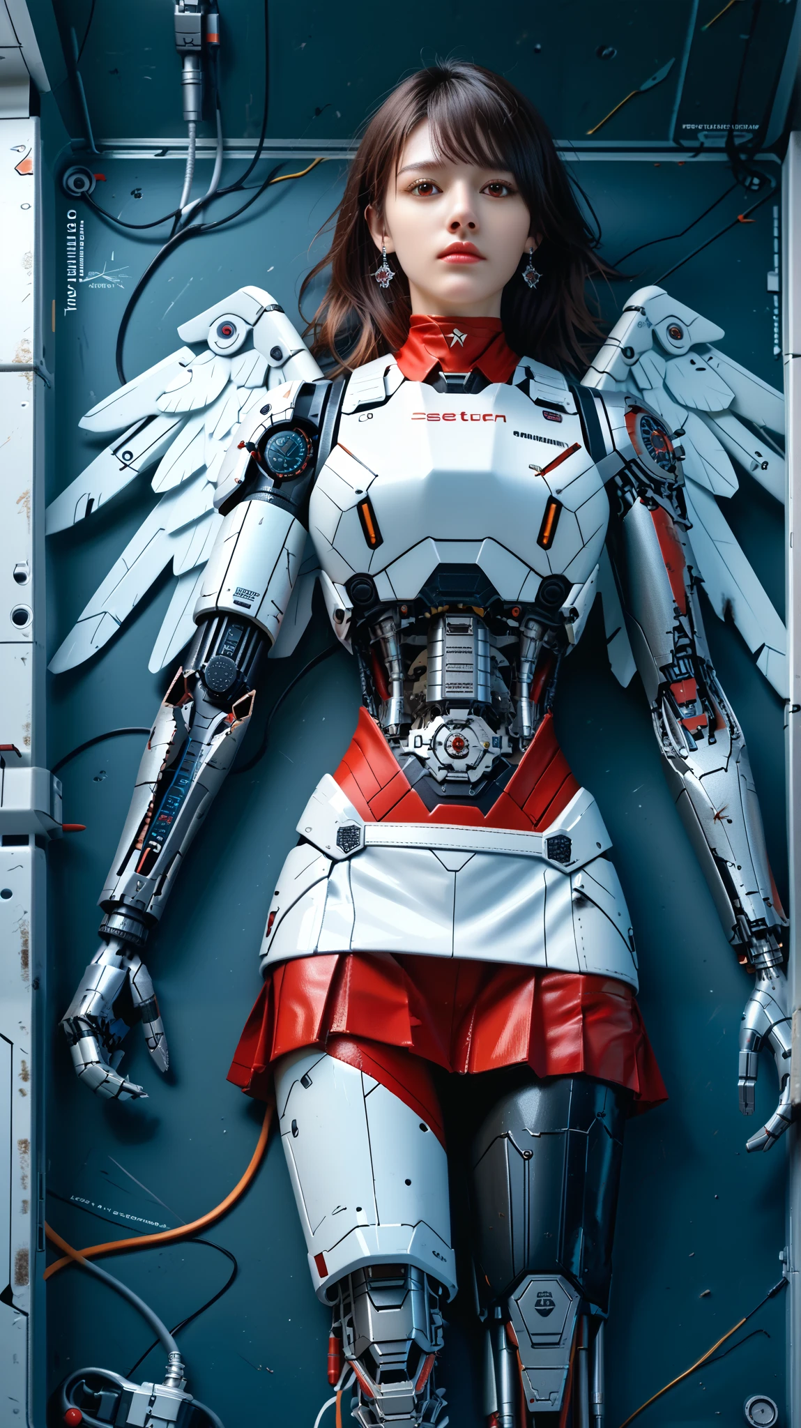 (((masterpiece))), (realism, realism texture, (science fiction, distant future), (top Quality, High Quality, top resolution, high resolution, (ultra detailed, high detailed))), (beautiful robot woman, woman is incredible machine:1.2), (beautiful face), (thin lips, wide mouth), red-lighting eyes, (robot white armor:1.3), machine frame, skirt, (steel knee-high greaves, (mechanical hands)), robot joint, (robot neck joint:1.2), (electronic component, damaged machine parts, big winged jet engine wing, broken neck, (severed leg), broken arms, severed belly:1.3), Expressionless face, (cowboy shot:1.3), laboratory, (closed mouth), (lying, from above), random pose