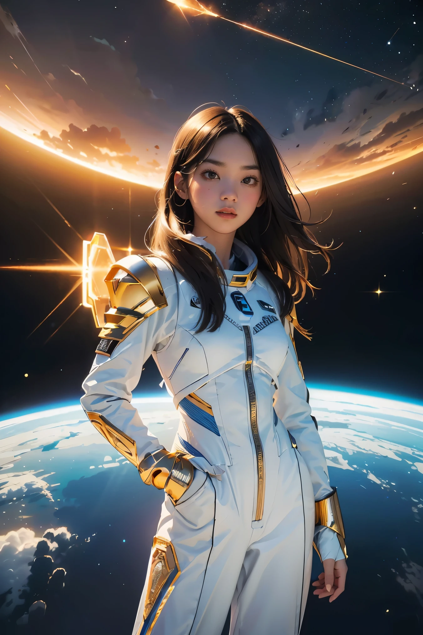 ((masterpiece, best quality, extremely detailed), volumetric lighting, ambient occlusion, colorful, glowing), 1girl, solo, young girl, (dark hair), long hair, halo, aura, sacred, goddess, cleric suit, (white outfit with gold detailst:1.3), armor, outdoors, sunset, sky, clouds, space, (fantasy theme:1.2),ม 1girl, full body, Illustration, cinematic light, high resolution, best quality, ultra-detailed, masterpiece, power suit, powerranger, suit, spd,