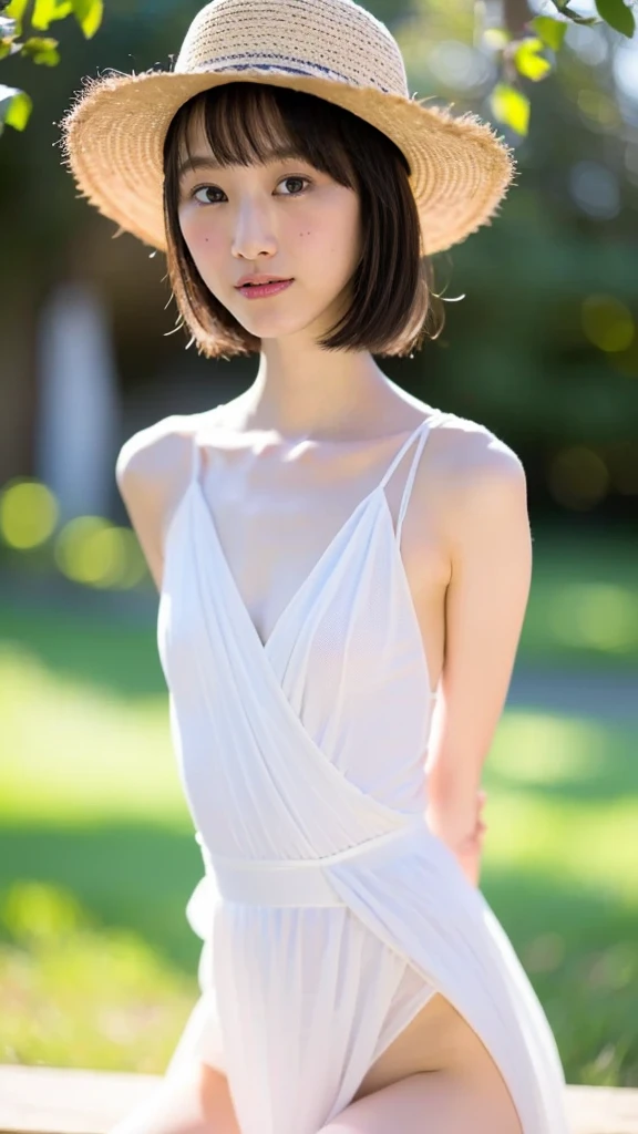 highest quality 、masterpiece、 Very delicate and beautiful、 Very detailed 、CG 、(RAW Photos:1.2)、((Realistic:1.4))、Japanese Girls、14 years old、、Young face、Small Face、smile、Brown Hair、 Short Hair、Height: 150cm、Small breasts、Standing facing this way、whole body、whole bodyショット、Full Body、(nude) 、Outdoor、Put your arms behind your back、
