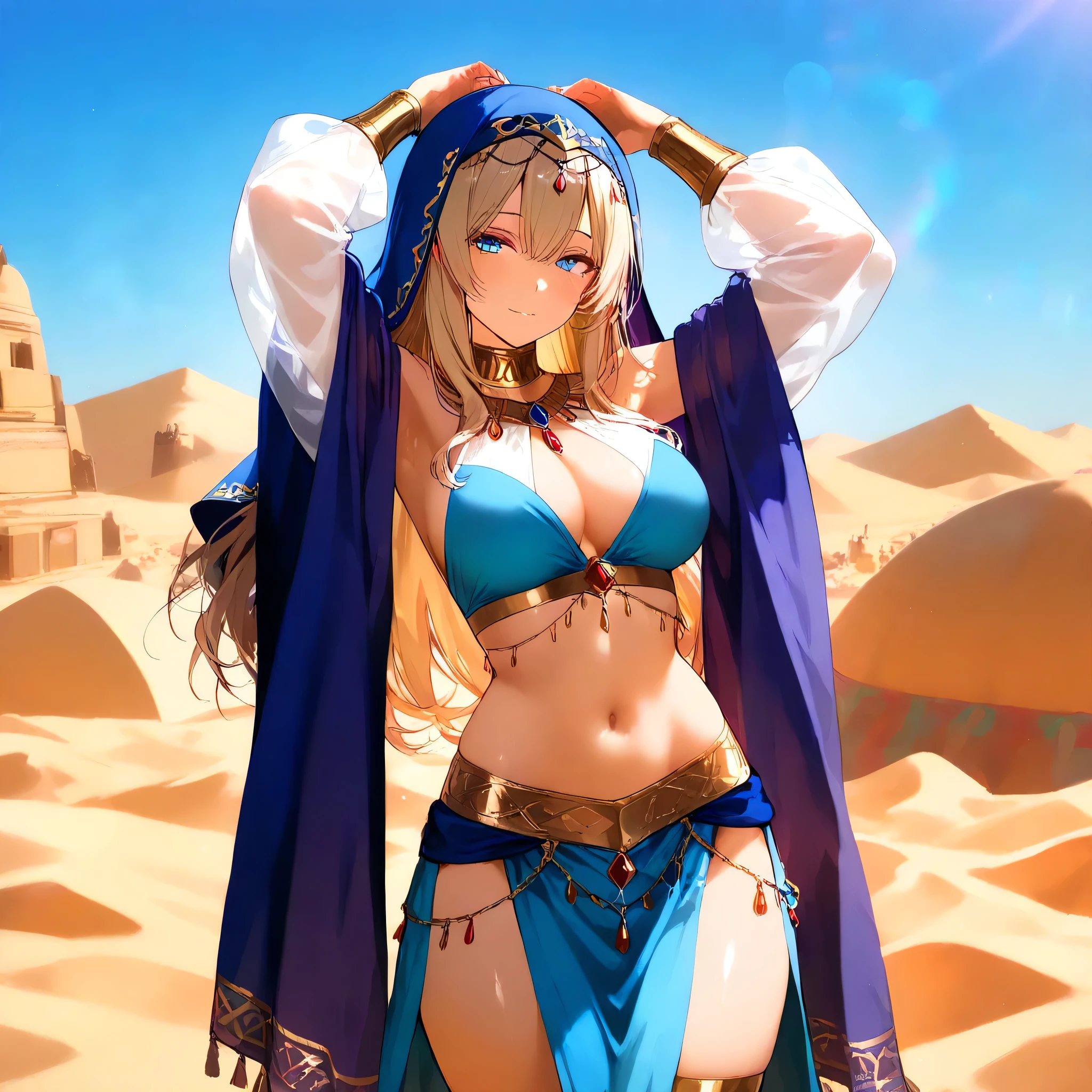 blonde hair,green eyes,sweat,dancer,arabian clothes,hair ornament,large breasts,looking at viewer,best quality,masterpiece,depth of field,blurry background,shoes,dancing,standing,smug,solo,1girl