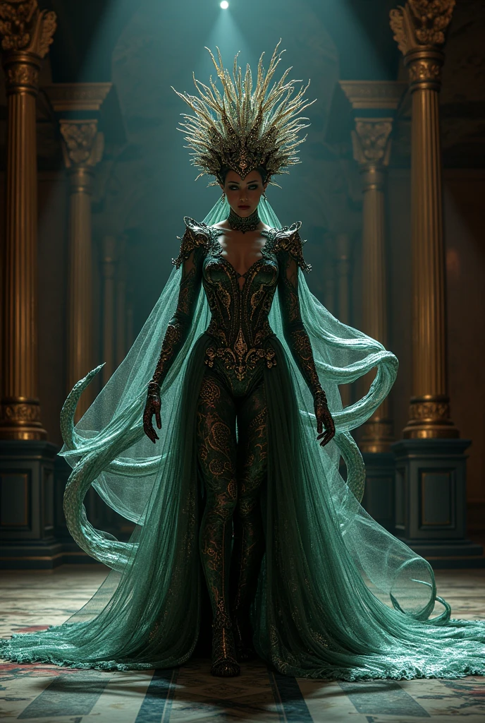 32K（tmasterpiece，k hd，hyper HD，32K）Long flowing black hair，Avatar girl，(((Green skin)))Girl，10 years old child，Stand in a valley full of flowers，（（（Green skin））），Gem Necklace，Exquisite headdress，Long hair hanging down the shoulders，There are six snakes on top of their heads，Snake in hand，The body is decorated with snakes，Four arms，A snake wrapped around his wrist，The ankles are wrapped around the snake，（The union of man and black snake），Solo, The waist is（（deerskin））, The upper body is covered（deerskin,） Holding a fan made of peacock essence in his hand， Trident weapons, Streamers，shaded_face, Pretty big breasts，(((Head background with round light)))，Alpine snow-capped mountains in the distance，Bright sky，Sunny picture，offcial art, (Extremely detailed Cg Unity 8K wallpaper), (Photorealistic:1.4), (Masterpiece), (Best quality:1.2)，Light and shadow tracking，Super HD， A high resolution， the detail， RAW photogr， Sharp Re， Nikon D850 Film Stock Photo by Jefferies Lee 4 Kodak Portra 400 Camera F1.6 shots, Rich colors, ultra-realistic vivid textures, Dramatic lighting, Unreal Engine Art Station Trend, cinestir 800，Long flowing black hair，