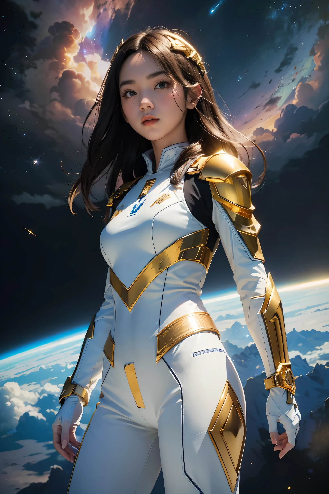 ((masterpiece, best quality, extremely detailed), volumetric lighting, ambient occlusion, colorful, glowing), 1girl, solo, young girl, (dark hair), long hair, halo, aura, sacred, goddess, cleric suit, (white outfit with gold detailst:1.3), armor, outdoors, sunset, sky, clouds, space, (fantasy theme:1.2),ม 1girl, full body, Illustration, cinematic light, high resolution, best quality, ultra-detailed, masterpiece, power suit, powerranger, suit, spd,