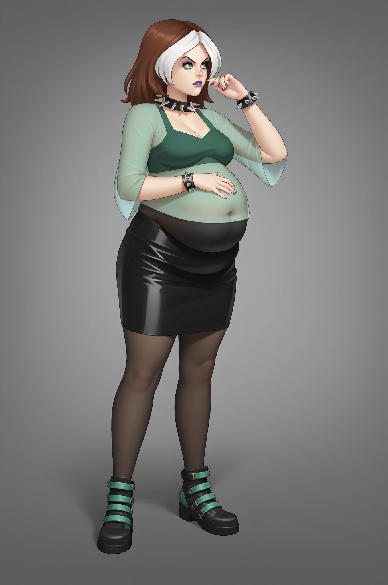       source      _   cartoon ,    score_9,    score_8_arriba,    score_7_arriba,    score_6_arriba,    score_5_arriba,    score_4_arriba, BREAK,  a girl, serious look,   a girl, rogue, Let's ask yourself ,    multicolored hair   ,    brown hair  ,  lock of white hair,  Lápiz labial morado ,  Sombra de ojos morada,    green eyes,    transparent shirt, skirt,    spiked necklace   ,    spiked bracelets   ,   modeling pose  , big fat body ,  big belly