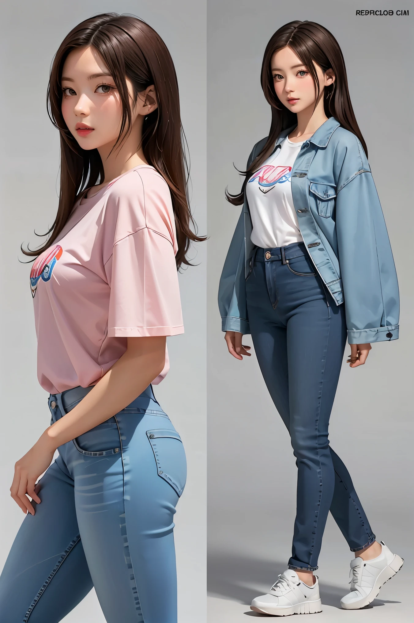 Detailed character sheet, Front view, Side view, Diagonal view, with a white returnground, show women, 30 years old, with dark brown hair combed return, Wearing light casual clothing, Wearing tight denim jeans. The seat includes different angles, Front etc., return, and Side views, Model sheets and reference sheets, Full-body painting. Proportions are based on a 7.5 head scale.