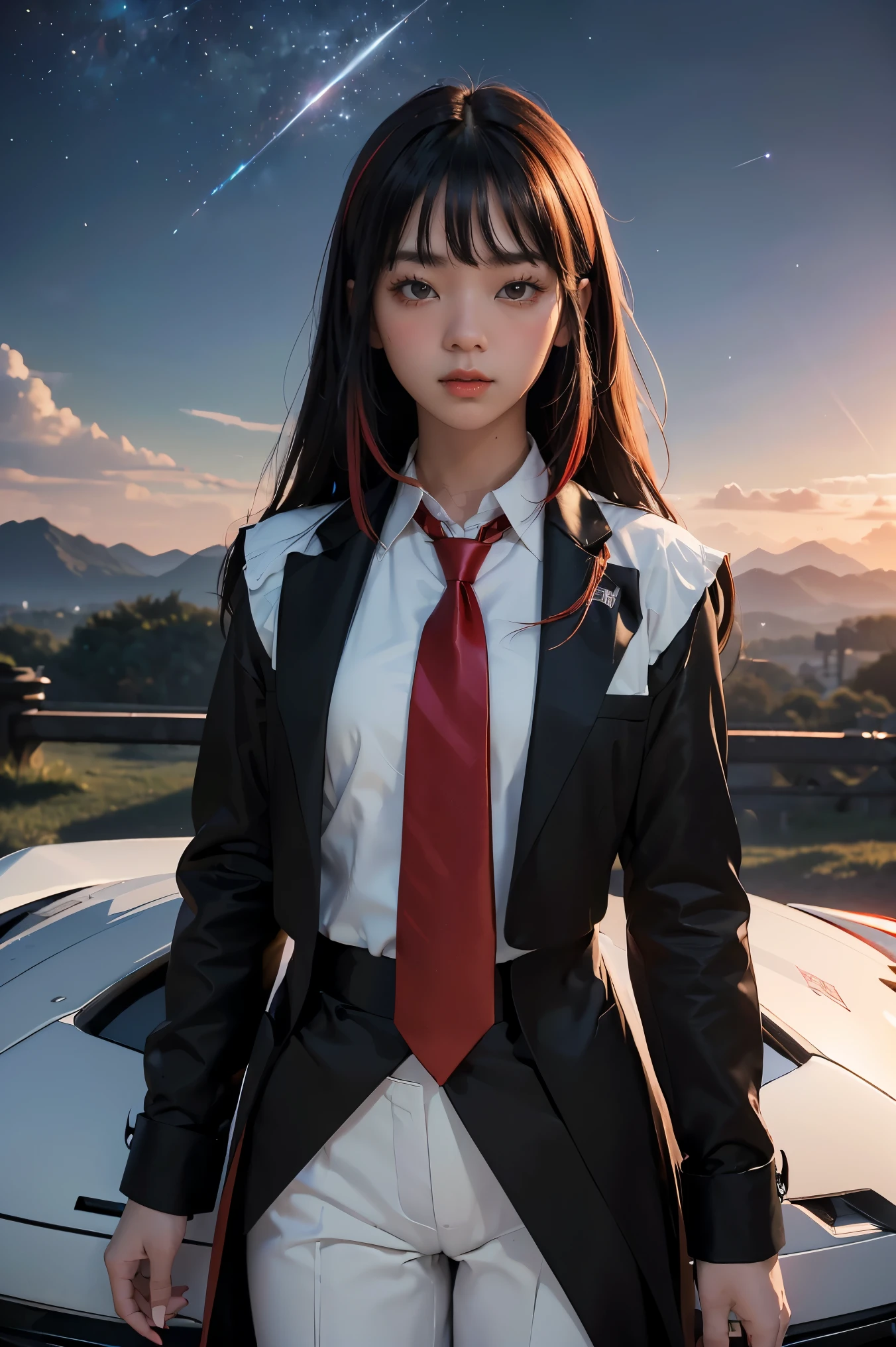 ((Masterpiece, best quality, very detailed), Volumetric light, surrounding occlusion, Rich and colorful, glow), 1 woman, lonely, young girl, (Black bangs), long hair, radius, sacred, goddess, CEO vibe, (Black suit, White shirt with Red necktie:1.3), armor, outdoor, sunset, sky, cloud, space, (Fantasy Theme:1.2),