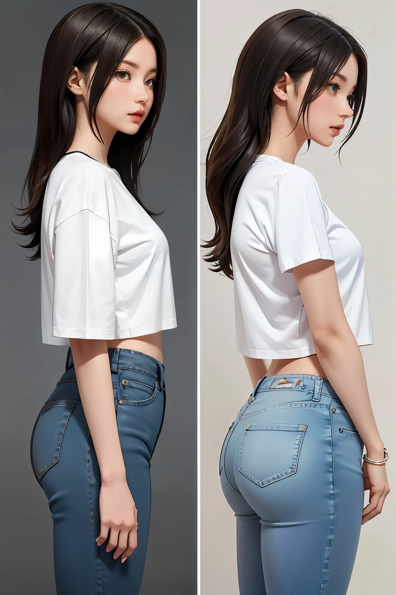 Detailed character sheet, Front view, Side view, Diagonal view, with a white returnground, show women, 30 years old, with dark brown hair combed return, Wearing light casual clothing, Wearing tight denim jeans. The seat includes different angles, Front etc., return, and Side views, Model sheets and reference sheets, Full-body painting. Proportions are based on a 7.5 head scale.