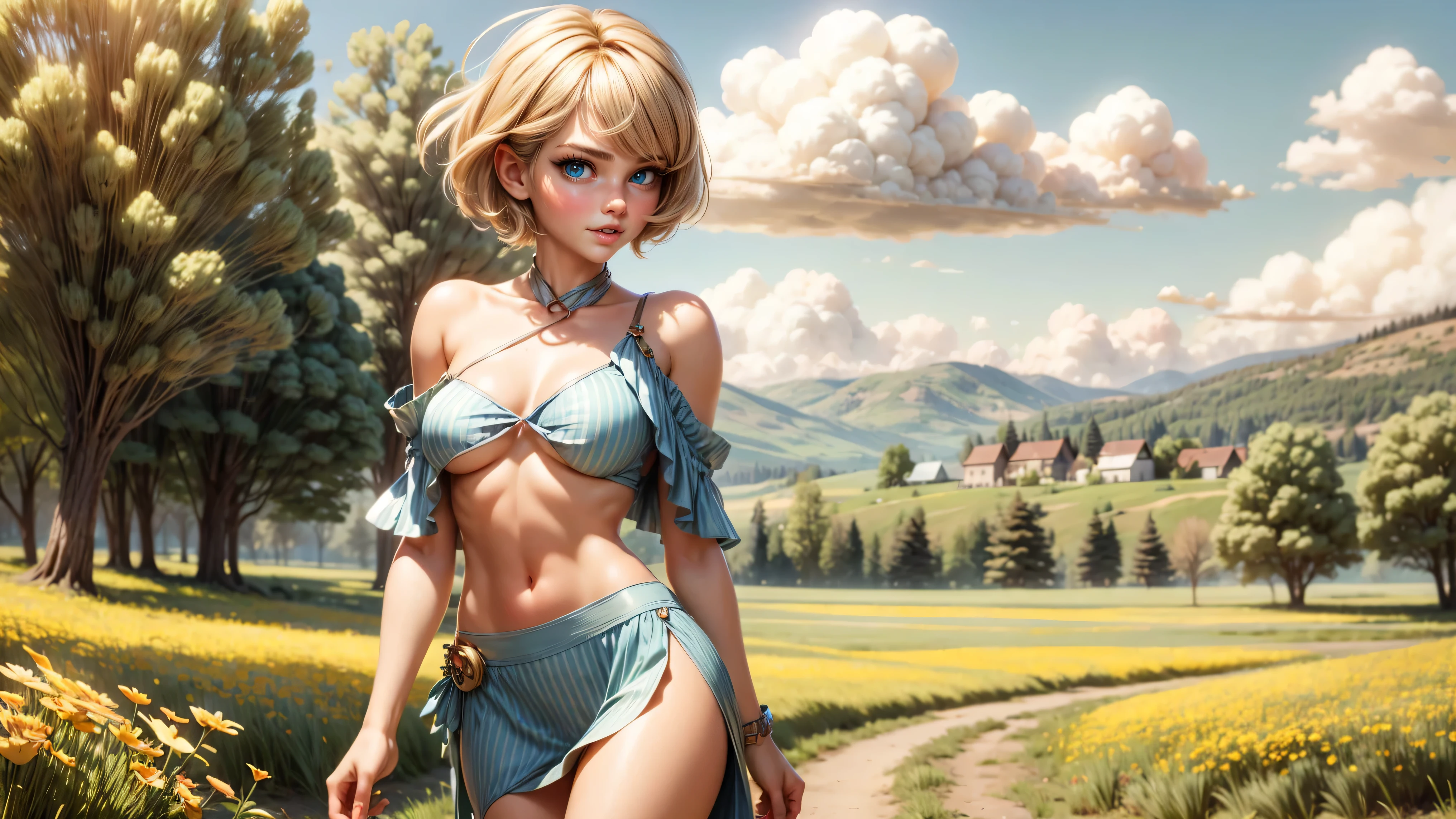 ((1girl, solo)), standing in a meadow full of wildflowers, young girl, cute girl, skinny, petite, short hair, ((pixie cut)), ((blonde hair)), pastel colors, ((loose top)), midriff, ((top loosely draped over her breasts)), underboob, looking at viewer, sexy, skirt low on hips, cowboy shot, (full body portrait), beautiful lips, sexy mouth, ribbon, hair ribbon, bangs, upper body, blue eyed, bangs, ribbon, meadow background, springtime, walking through a meadow,