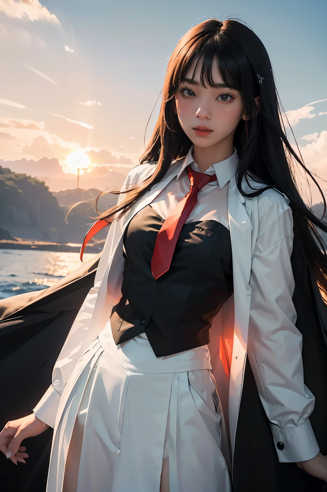 ((Masterpiece, best quality, very detailed), Volumetric light, surrounding occlusion, Rich and colorful, glow), 1 woman, lonely, young girl, (Black bangs), long hair, radius, sacred, goddess, CEO vibe, (Black suit, White shirt with Red necktie:1.3), armor, outdoor, sunset, sky, cloud, space, (Fantasy Theme:1.2),