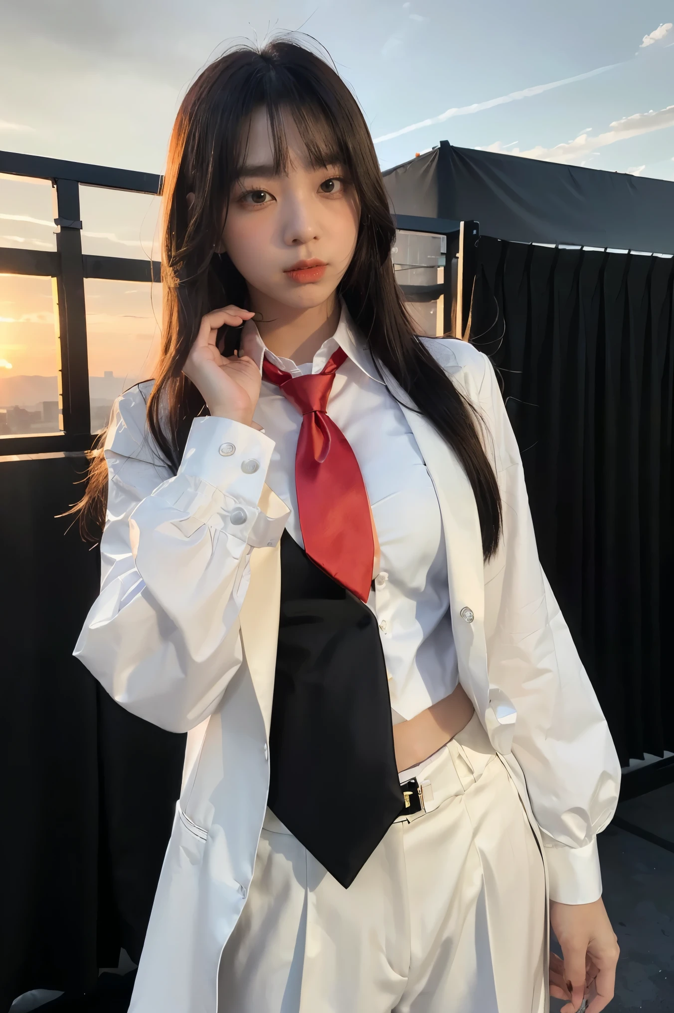 ((Masterpiece, best quality, very detailed), Volumetric light, surrounding occlusion, Rich and colorful, glow), 1 woman, lonely, young girl, (Black bangs), long hair, radius, sacred, goddess, CEO vibe, (Black suit, White shirt with Red necktie:1.3), armor, outdoor, sunset, sky, cloud, space, (Fantasy Theme:1.2),