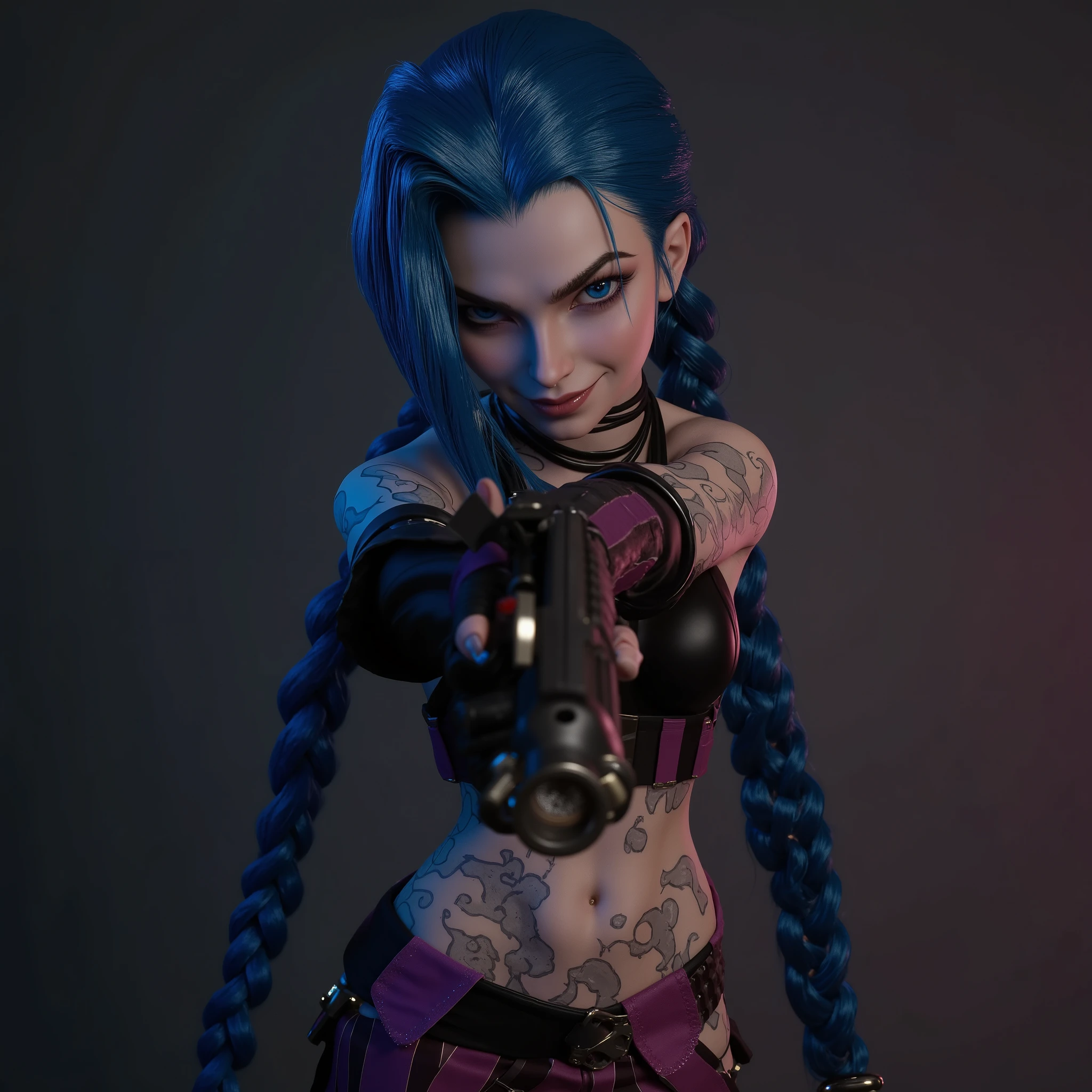 ultra realistic photo of JinxA holding her gun, her crop top shows her tattoos, long blue braided hair, (maximum ultra high definition image quality and rendering:3), maximum image detail, maximum realistic render, (((ultra realist style))), realist side lighting, , 8K high definition, realist soft lighting, (amazing special effect:3.5)
(Hourglass body) (massive breasts) (sexy body) (sexy poses)
