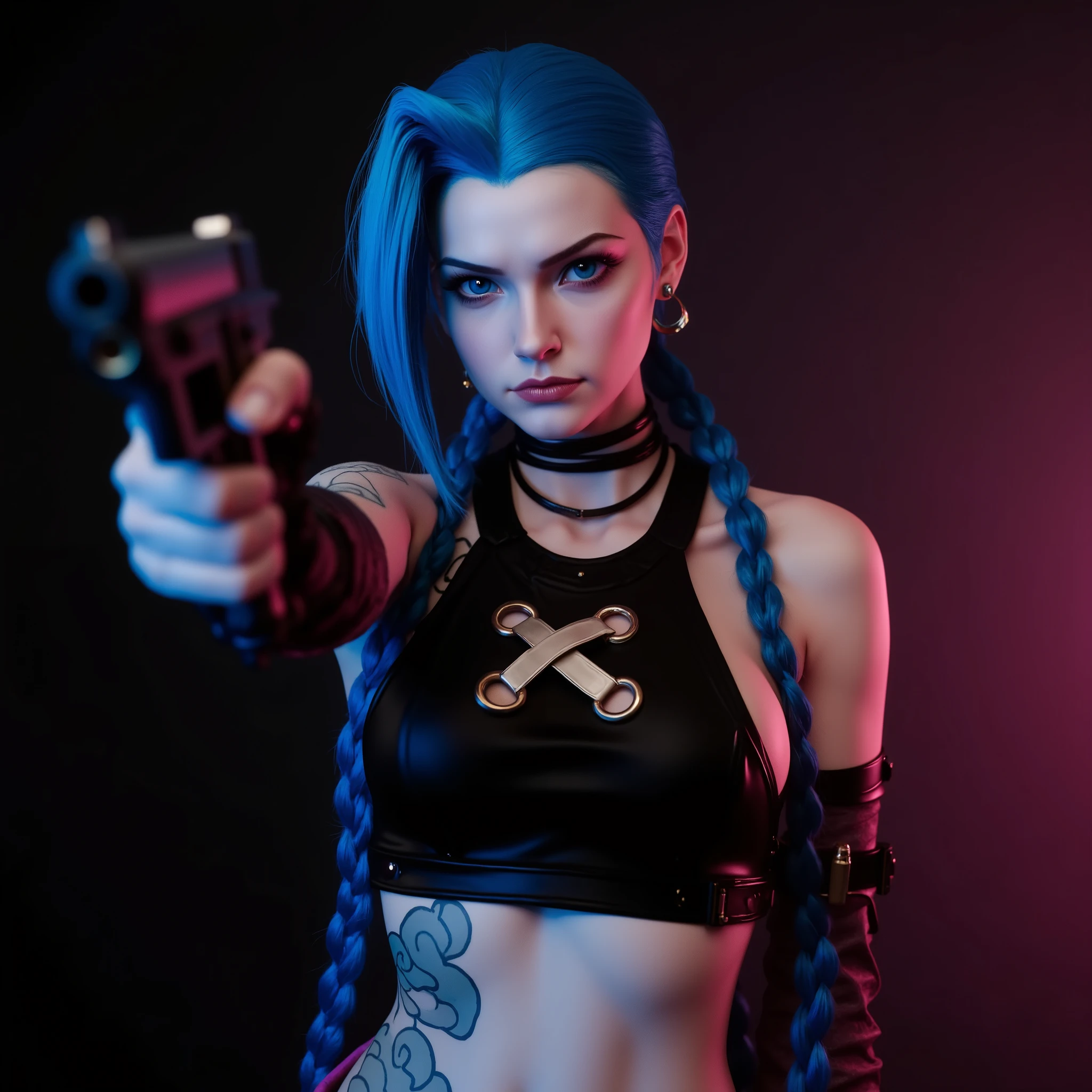 ultra realistic photo of JinxA holding her gun, her crop top shows her tattoos, long blue braided hair, (maximum ultra high definition image quality and rendering:3), maximum image detail, maximum realistic render, (((ultra realist style))), realist side lighting, , 8K high definition, realist soft lighting, (amazing special effect:3.5)
(Hourglass body) (massive breasts) (sexy body) (sexy poses)