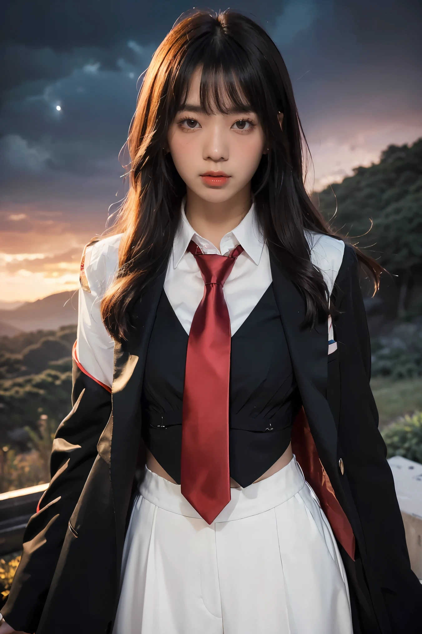 ((Masterpiece, best quality, very detailed), Volumetric light, surrounding occlusion, Rich and colorful, glow), 1 woman, lonely, young girl, (Black bangs), long hair, radius, sacred, goddess, CEO vibe, (Black suit, White shirt with Red necktie:1.3), armor, outdoor, sunset, sky, cloud, space, (Fantasy Theme:1.2),
