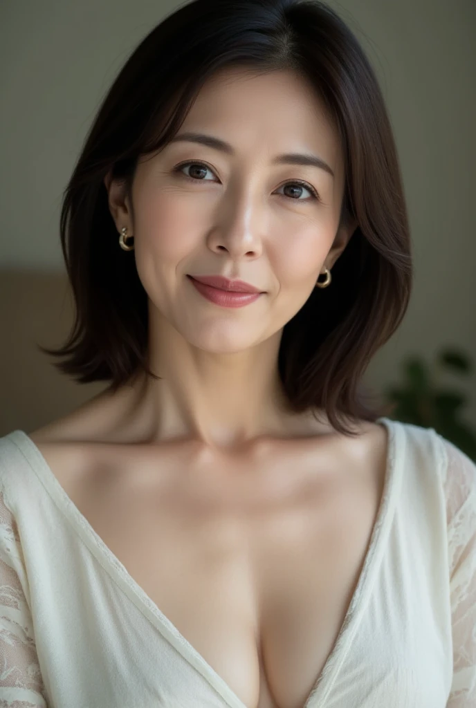 ((Highest quality)), ((8k)), ((masterpiece: 1.3)), (Perfect appearance), (Photorealism: 1.6), (RAW Photos:1.2), (Photorealistic), (Genuine:1.4), (Je), (JNA), Remove Background, gravure, Depict lips accurately, Red lipstick, From the chest up, (Gray Hair), Old AV actress, Highest quality, Very detailed, Realistic, Ultra-dense skin, Perfect depiction of the human body, (1 Japanese Mature), (erotic), 60 years old, ((Realistic skin texture)), (Fine wrinkles appear all over the skin: 1.3), (Dullness: 1.1), (Unmoisturized skin: 1.2) , (Facial wrinkles: 0.9), (Wrinkles around the eyes: 1.2), double eyelid, Lower eyelid tear trough, (Crying Mole: 0.9), The eyes are looking here, Serious gaze, (Dimples: 1.2), Laugh with the corners of your mouth wide open, short hair, Small breasts, Fascinating, Glamour, sexy, Pure white skin, Looking at the audience,