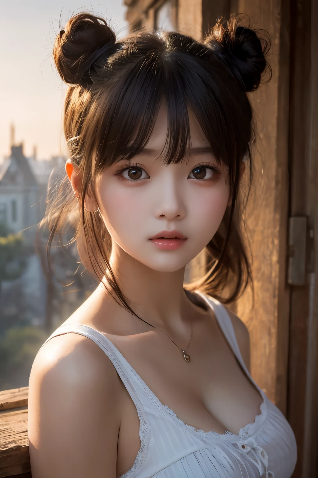 black hair, hair bobbles, wince, longeyelashes, solid circle eyes, fake animal ears, light smile, ear blush, fang, ccurate, Surrealism, drop shadow, anaglyph, stereogram, tachi-e, pov, atmospheric perspective, 8k, super detail, best quality