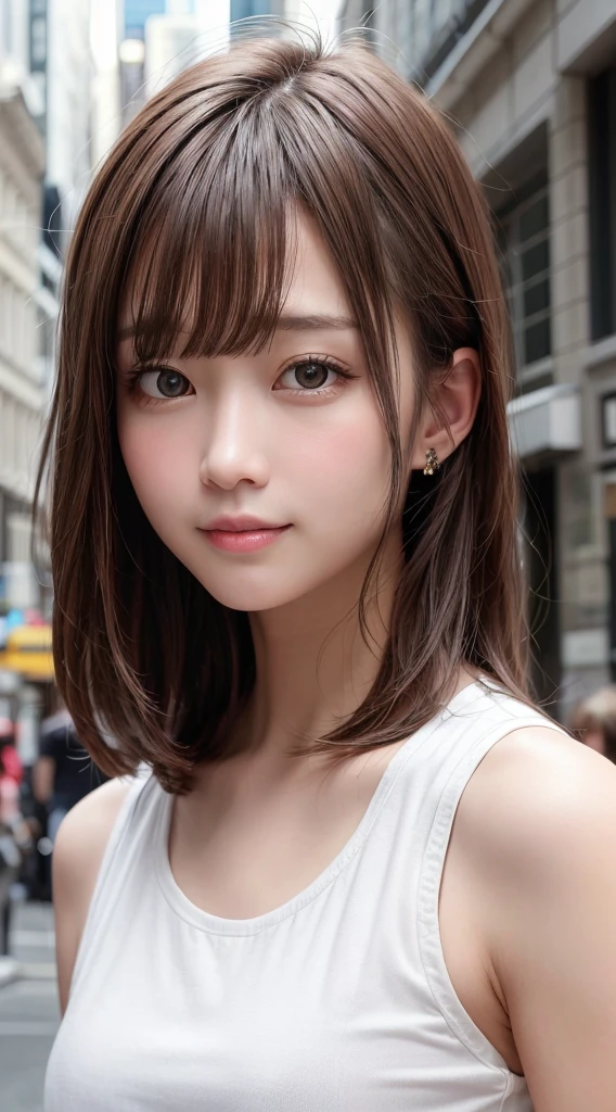 A masterpie, beste Quality, 8K, absurdist, (upper-body:1.4), bare shoulders, bare chest, beautyful girl, Clean face, looking at the viewers, Sorrisos, ultra realisic, a highres, pictures, sharp-focused, HDR, face lights, Dynamic lighting, Movie lighting, Professional Shadows, beautiful cityscape background, Supreme Details, extremely detaild, 超detailded, finelydetail, authentic skin, Delicate facial features, detailed face and eyes, Sharp pupils、Realistic pupils