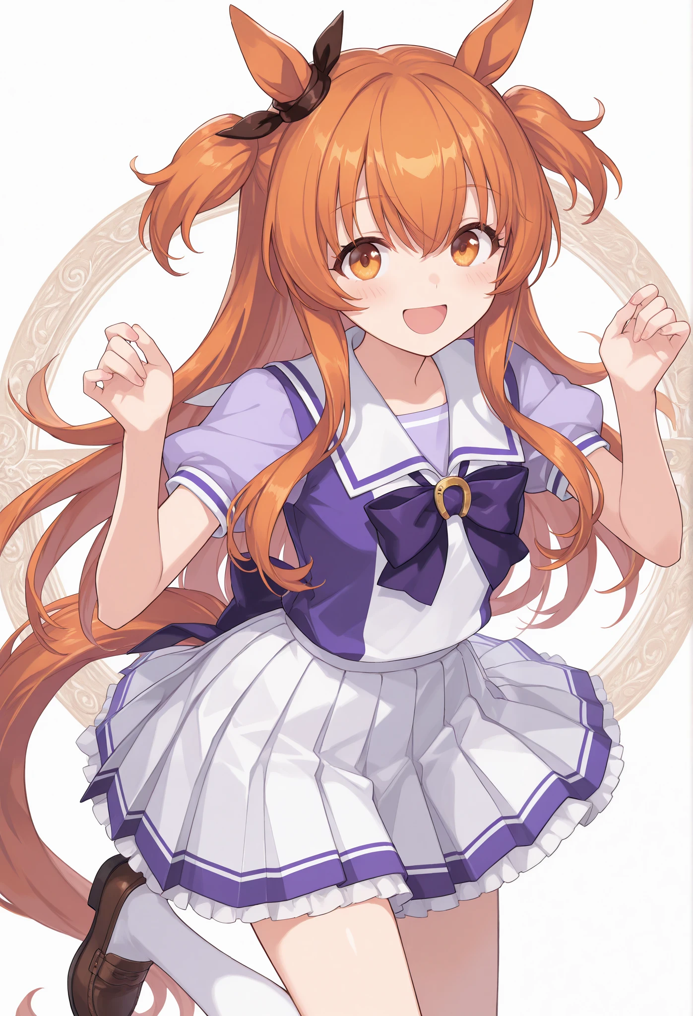 {{{Racecourse:1.6}}} {{{ 【 focuses on the upper body :1.5}}},( high resolution),( high resolution), ( Unity 8K Wallpaper),( detailed image ), {{{Type Moon :1.7}}},((draw:1.5)), mayano top gun\( Uma Musume\), ,{Right Ear Ornaments } school uniform, summer uniform , Sera Clothing, puffy short sleeve, purple bow tie, Horseshoe Ornaments , sailor color, sailor shirt , purple shirt , white skirt , pleated skirt, frills, miniskirt, absolute domain, white thigh high, brown footwear , loafers ,