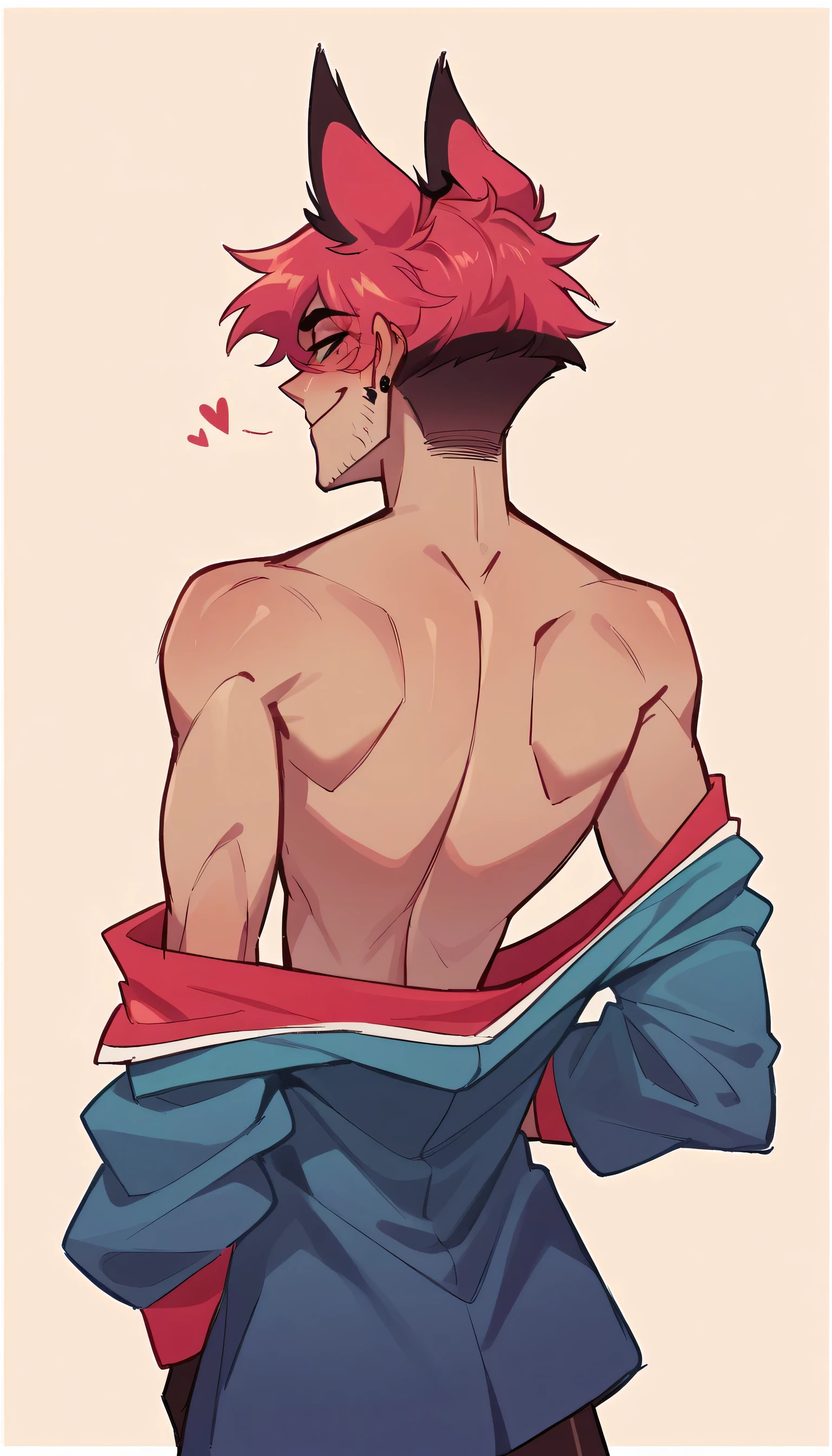 better quality, very detailed illustration , 1 boy, delgado, male body, thin waist , simple drawing, Artifyber style , pastel flat colors , Alastor, animal ears, solo,wearing no shirt, jacket draping off shoulders, back turned to camera, looking back at you, smirking