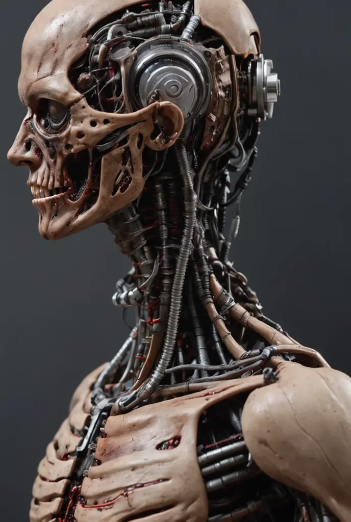 cinematic film still Surreal horror style by grim Sophia Rapata and Grim Grimsley,a mechanized organic humanoid,male,warrior,skin,flesh,bone,skin,metal,wiring,electrical sparks,exposed machinations,weirdcore,depth of field,unsettling,asymmetric abnormalities,surreal masterpiece,insanely detailed,insane imagination illustrated,sharp focus,creepy,never before seen art of an evil mastermind,demented dream,approaching perfection,dynamic,highly detailed,smooth,sharp focus,art by Carne Griffiths and Wadim Kashin,trending on artstation,sharp focus,intricate details,highly detailed,by greg rutkowski,mysterious,epic,cinematic,. shallow depth of field,vignette,highly detailed,high budget,bokeh,cinemascope,moody,epic,gorgeous,film grain,grainy,