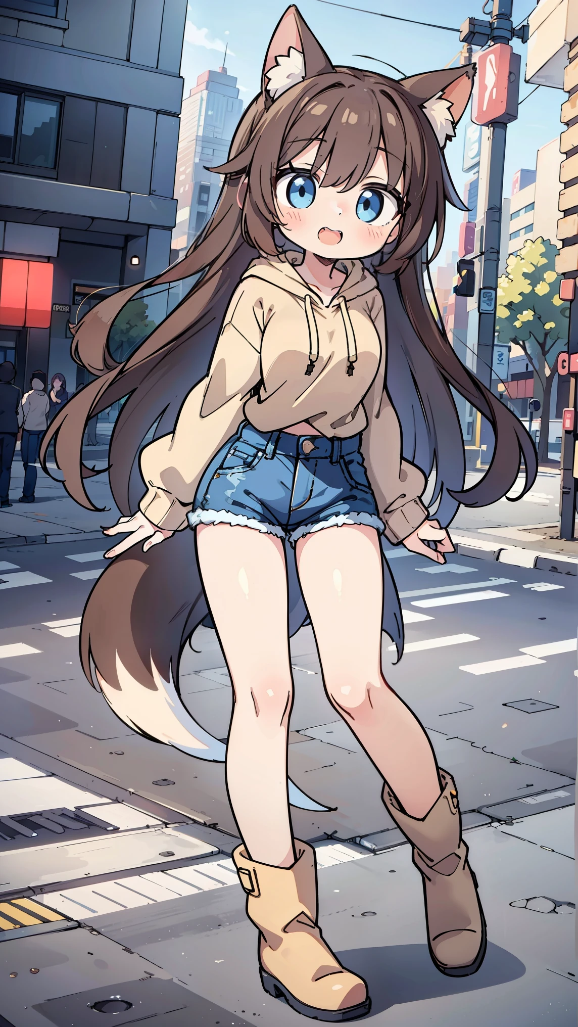   anime style、 fox ears、 woman、blue eyes brown hair、  beige hoodie 、  denim、  boots、  double teeth、 