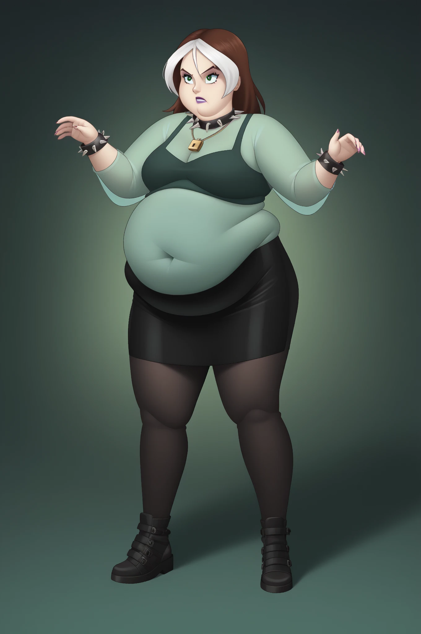 source _ cartoon , score_9, score_8_arriba, score_7_arriba, score_6_arriba, score_5_arriba, score_4_arriba, BREAK, a girl, serious look, a girl, rogue, Let's ask yourself , multicolored hair , brown hair , lock of white hair, Lápiz labial morado , Sombra de ojos morada, green eyes, transparent shirt, skirt, spiked necklace , spiked bracelets , modeling pose , big fat body , big belly