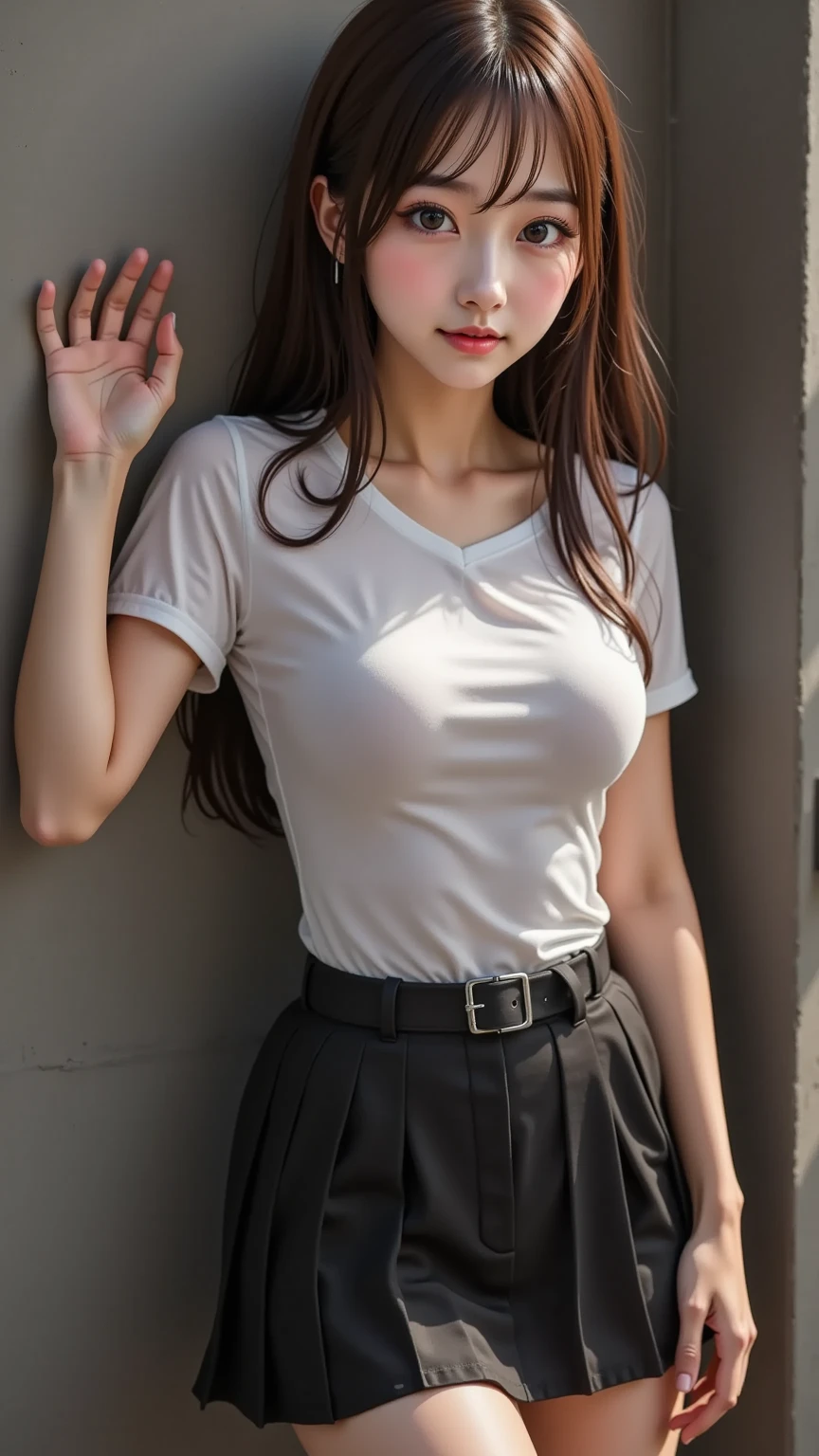 (((masturbation, hetero,, masturbation))), ((( lady,Black White undershirts,)) ((black pleated skirt)), ((Business Uniform,)) ((Standing on a road), zoom camera in the crotch, angle from below), looking to the side, very angry, blushing, ((background new york cityscape)), distressed, reluctant, glare , NSFW, 8k, RAW photo, masterpiece, absurdity, top quality, high resolution: 1.1, ultra-detail, hyper-realistic: 1.4, realistic, photorealistic: 1.3, cinema light, film grain, closeup, full body, depth of field, eye focus, young, 85mm lens, f/1.4, Professional lighting, portrait, photon mapping, radiocity, physically based rendering, transparency, soft light, realistic face, realistic body, realistic skin, clean: 1.8, Drak red hair, hairstyle to match the trend of Japan in 2023, medium breast: 1.2, blusher, good style, (very dark lip gloss, bright red lipstick, so many eyelashes, Red eyes, pitch black eyeshadow medium breast), company, camel toe, long legs, PureErosFace_V1: 0.8, dynamic pose