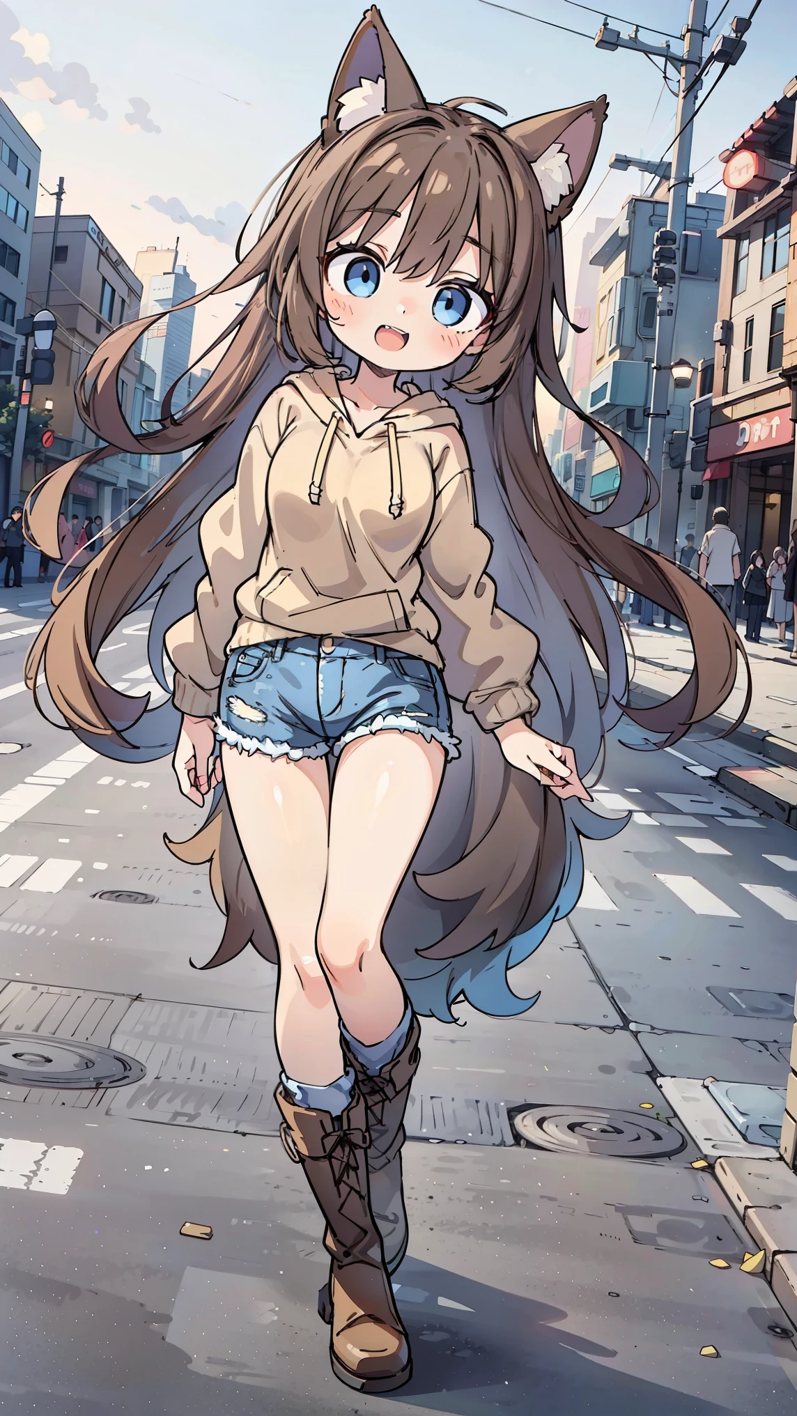 anime style、 fox ears、 girl、blue eyes brown hair、 beige hoodie 、 denim、 boots、 double teeth、