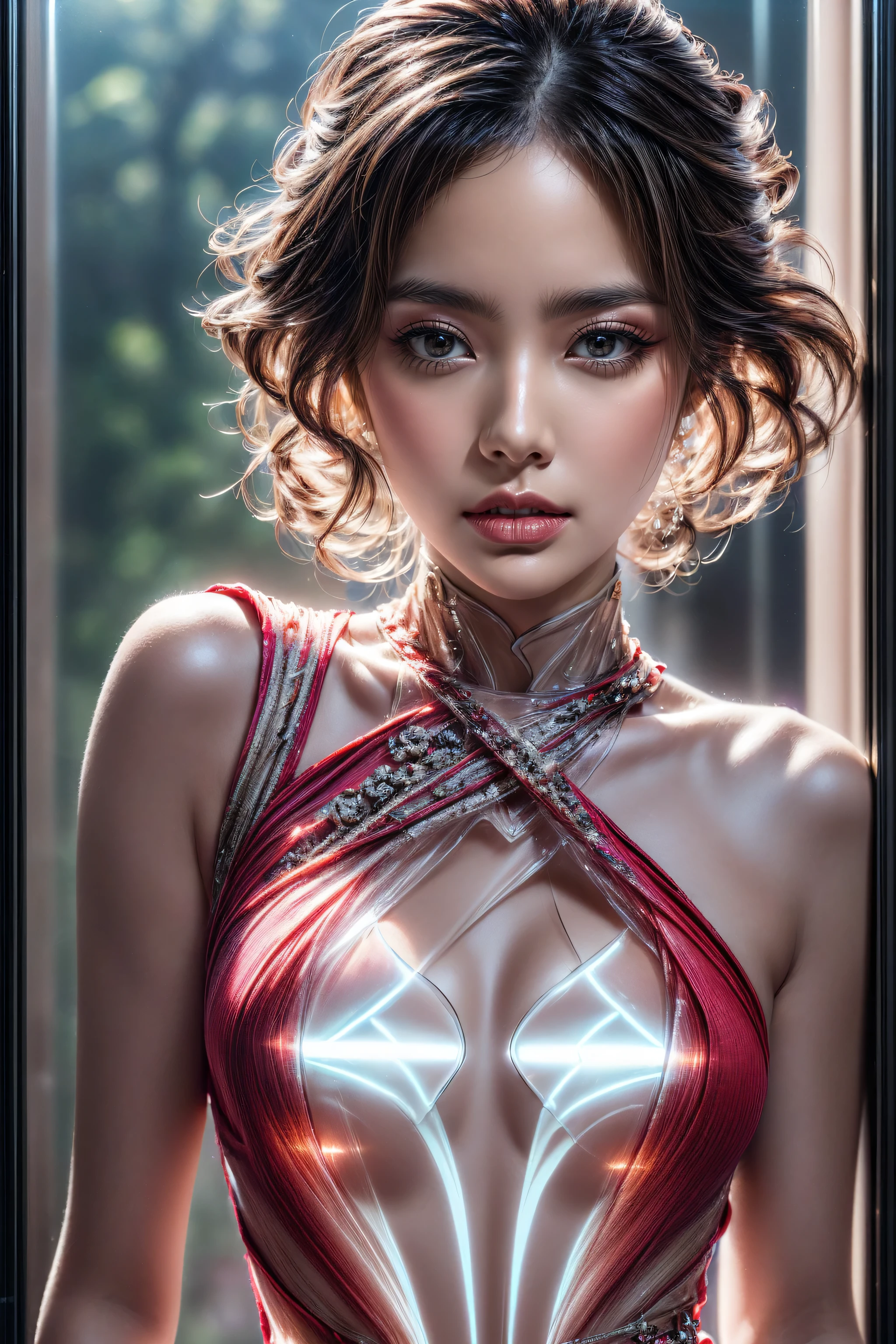 Female、Digital painting of a beautiful attractive woman covered in light gel covering her body、Short Hair、Clear paint、Fantasy art、Elegance Pose、Beautiful breasts、Chest presedium Long Shot、Lighting clear and soft effect、White background