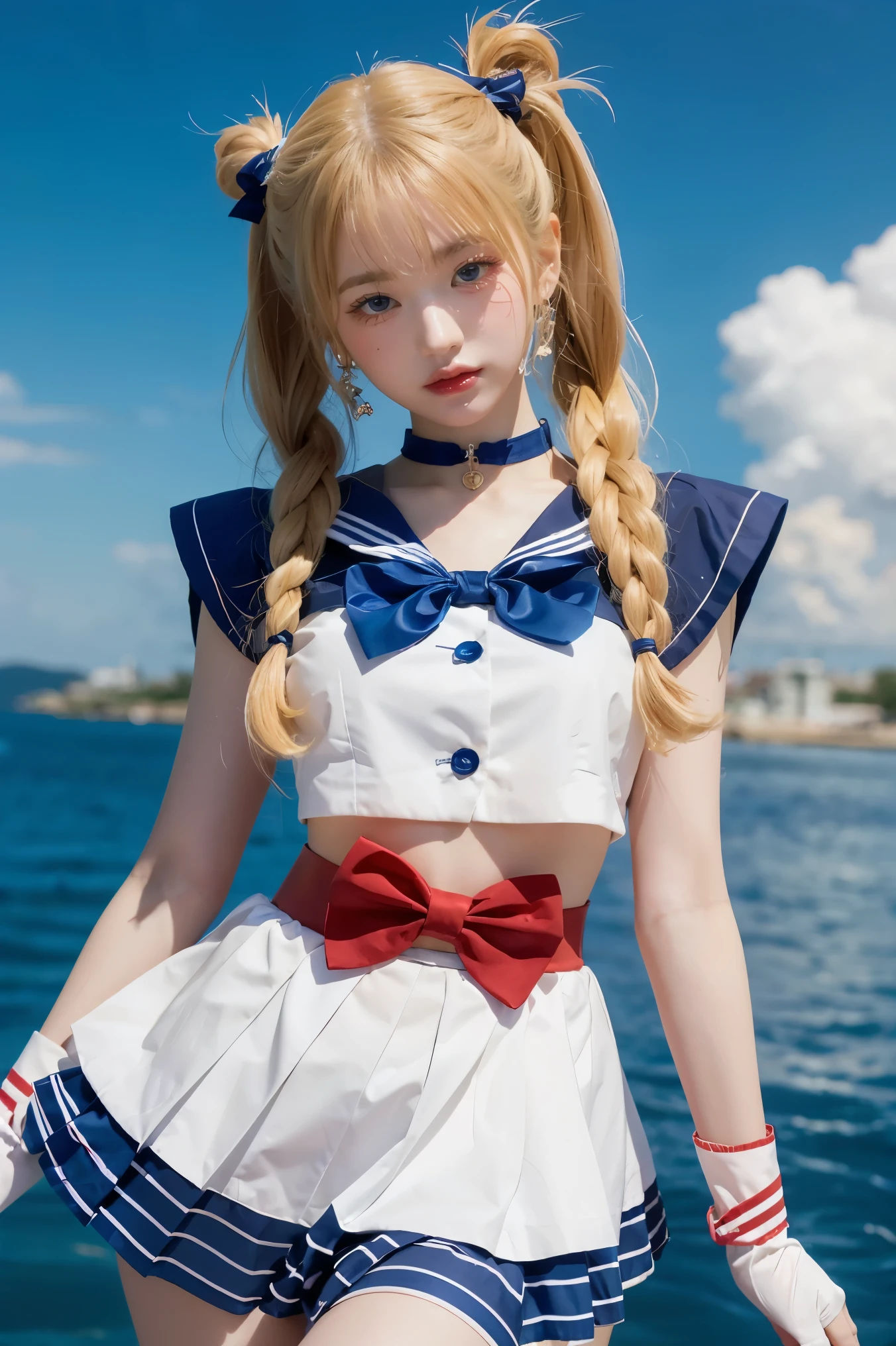 masterpiece, best quality, sailor moon,1girl, long hair,jewelry, sailor senshi uniform, blue sailor collar,blonde hair, red choker,white gloves, twintails, red bow, blue skirt, blue eyes, hair bun,