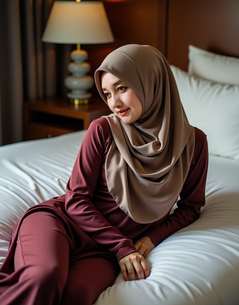 1girls fullbody, highest quality, figure, super detailed, smooth, High resolution, 8k wallpaper, Figure with perfect dynamic composition, beautiful skin, Big eyes that shine like jewels, (beautiful 14 year old girl: 1.6), natural colored lips, random cute poses, hijaber, muslim,full body photo display, 1 Muslim girl aged 14 years, beautiful face, cute, full of elegance, white skin, wearing hijab, gamis clothes, luxurious details, thin smile, sweet smile, showing elegance and gentleness, expression of amazement at the view, location on the bad room, with mountains in the background,