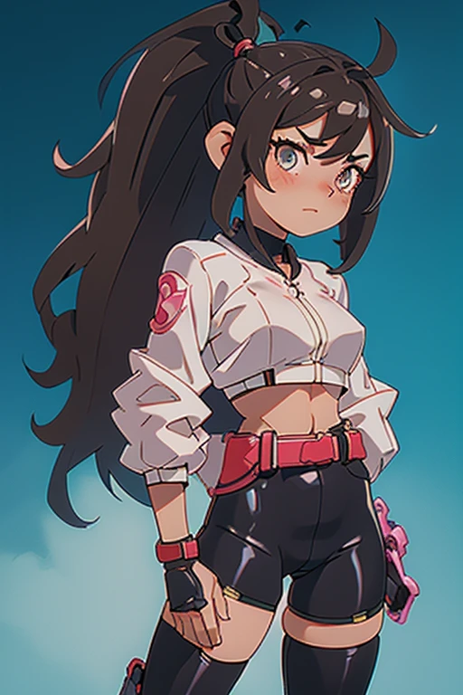 A sexy tall girl with big breasts, black hair that typically reaches the middle of her back, her Brown eyes, cute, dresses in a white , knot, unbuttoned, shows her navel, is wearing a red skirt, wearing a long net of socks and brown sneakers, wearing her hand, gloves, Black steel