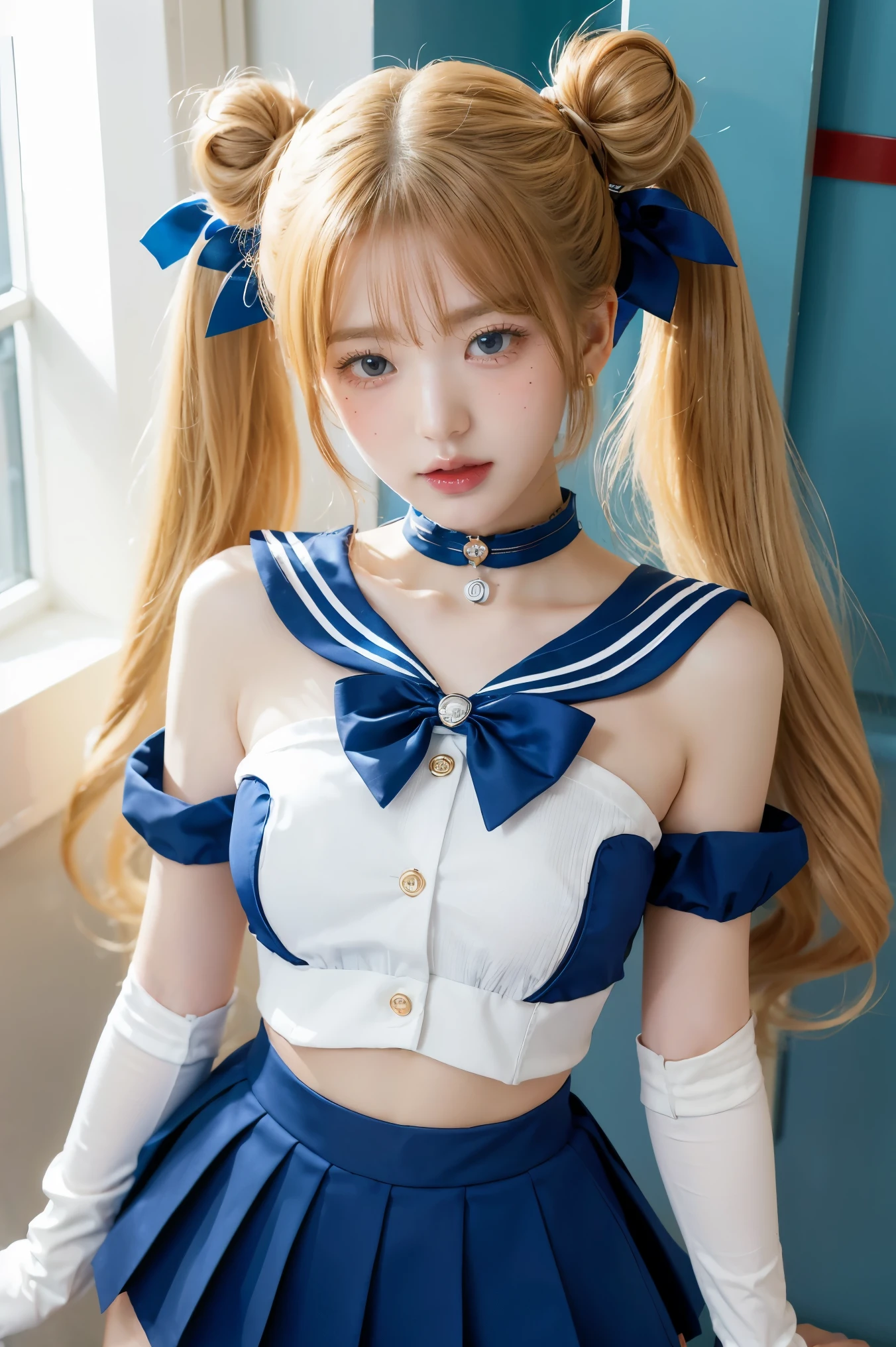 masterpiece, best quality, sailor moon,1girl, long hair,jewelry, sailor senshi uniform, blue sailor collar,blonde hair, red choker,white gloves, twintails, red bow, blue skirt, blue eyes, hair bun,