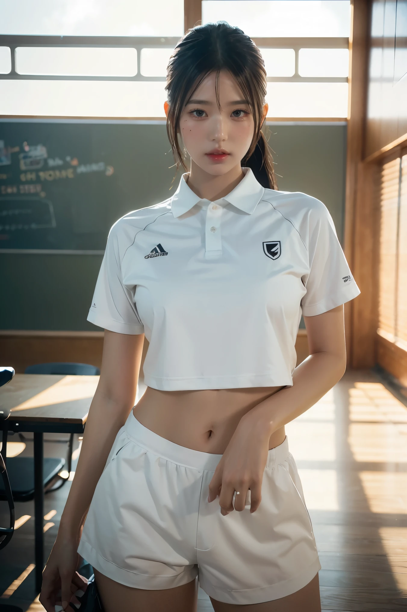 1 girl, re4ashley, About sports, black, white shirt, classroom, Volumetric light, best quality, Masterpiece, complicated details, Tone mapping, Sharp focus, There are too many details., Trending on art station, realistic,