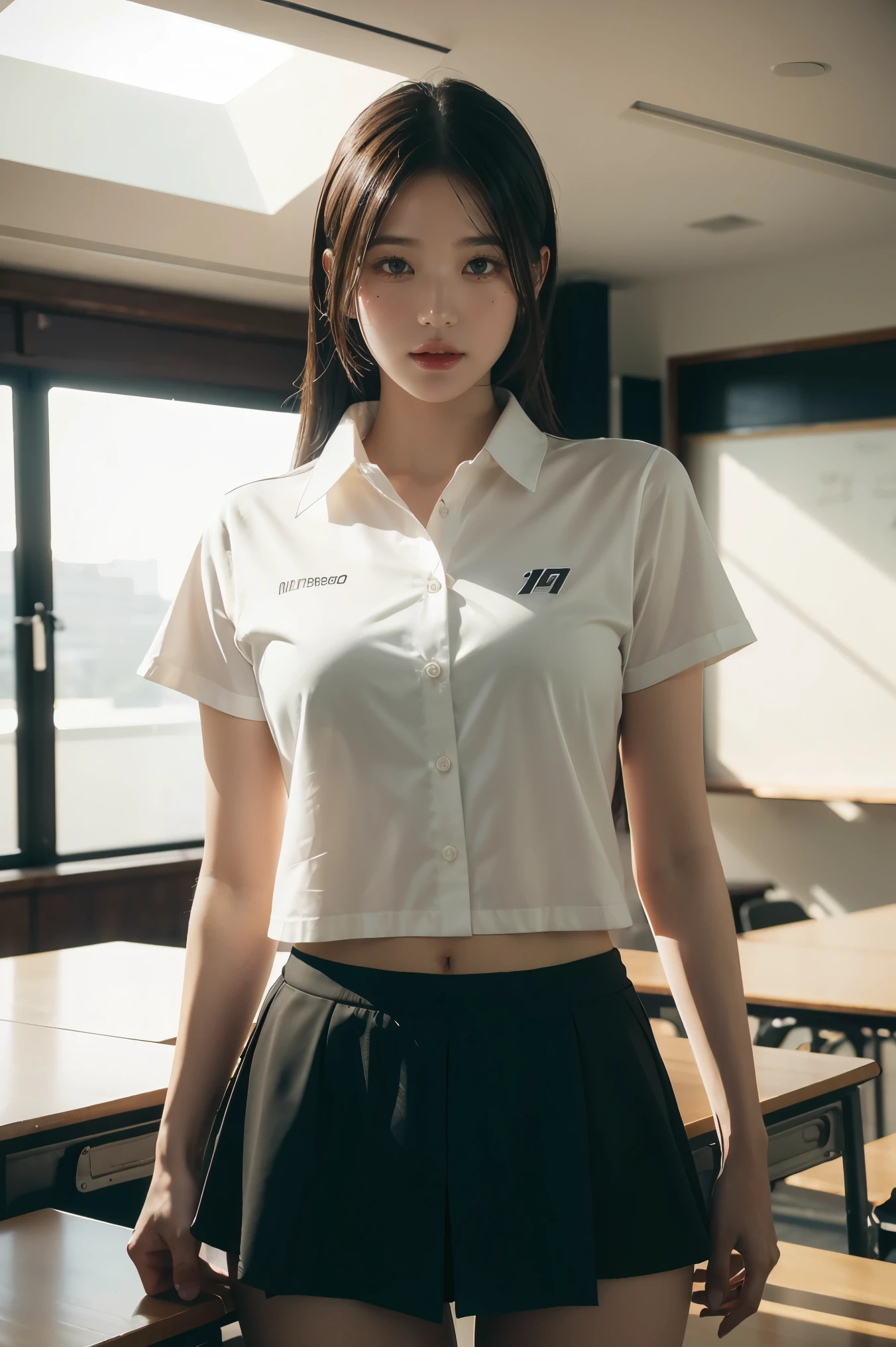 1 girl, re4ashley, About sports, black, white shirt, classroom, Volumetric light, best quality, Masterpiece, complicated details, Tone mapping, Sharp focus, There are too many details., Trending on art station, realistic, 