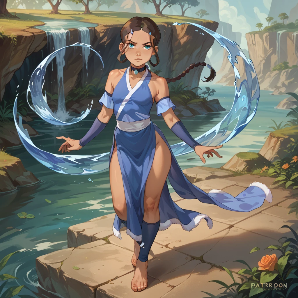 A sexy display of Katara in a seductive atmosphere, full_body display, seduction, jewellery, revealing outfit, seductive eyes, detailed face and skin, bending the water thought the air