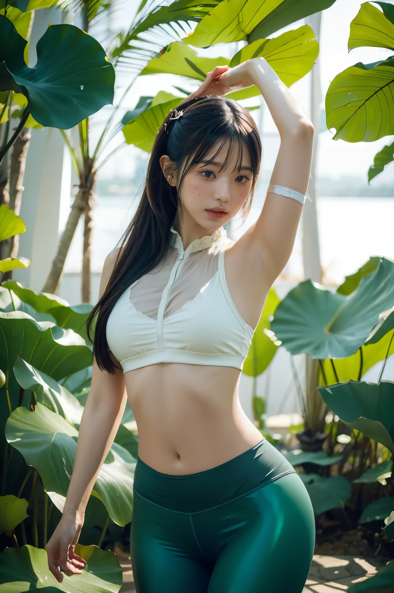 1girl, solo,(lotus),yoga pants,lotus leaf fairy,anatomically correct,Ultra-clear,masterpiece,3D,skin texture,realistic,Gorgeous clothing,yoga pants, stand