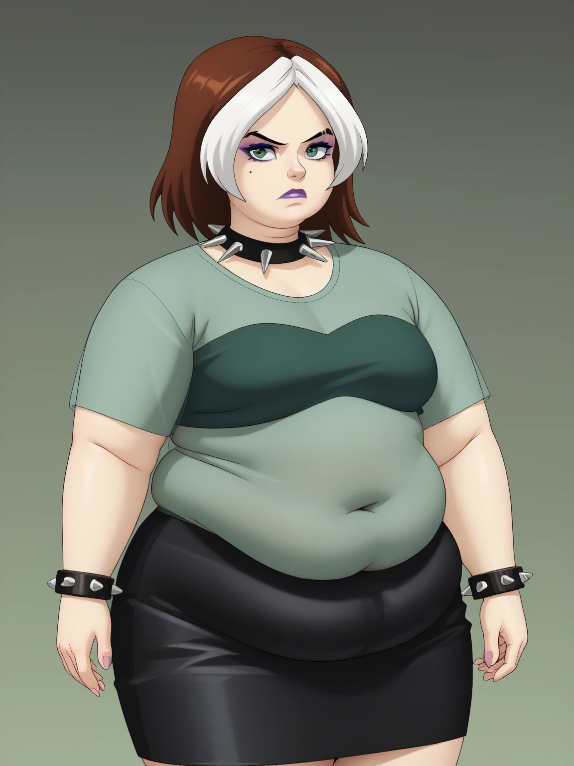 source _ cartoon , score_9, score_8_arriba, score_7_arriba, score_6_arriba, score_5_arriba, score_4_arriba, BREAK, a girl, a girl, Serious Look T-Shirt, rogue(big fat body ), big fat belly, to wonder, multicolored hair , brown hair , white hair, Lápiz labial morado, Sombra de ojos morada, green eyes, transparent shirt, skirt, spiked necklace , spiked bracelets , modeling pose , (clothes that fit your big, fat body size ).