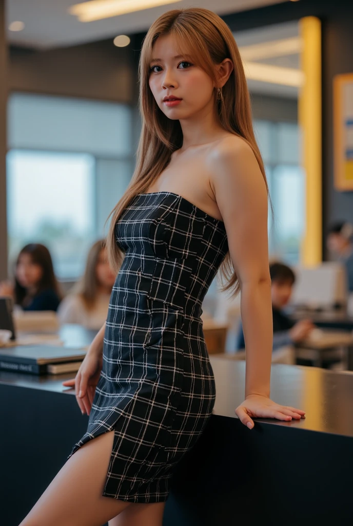 Mujer rubia, sentada en un centro comercial, vestida con vestido negro, pechos grandes