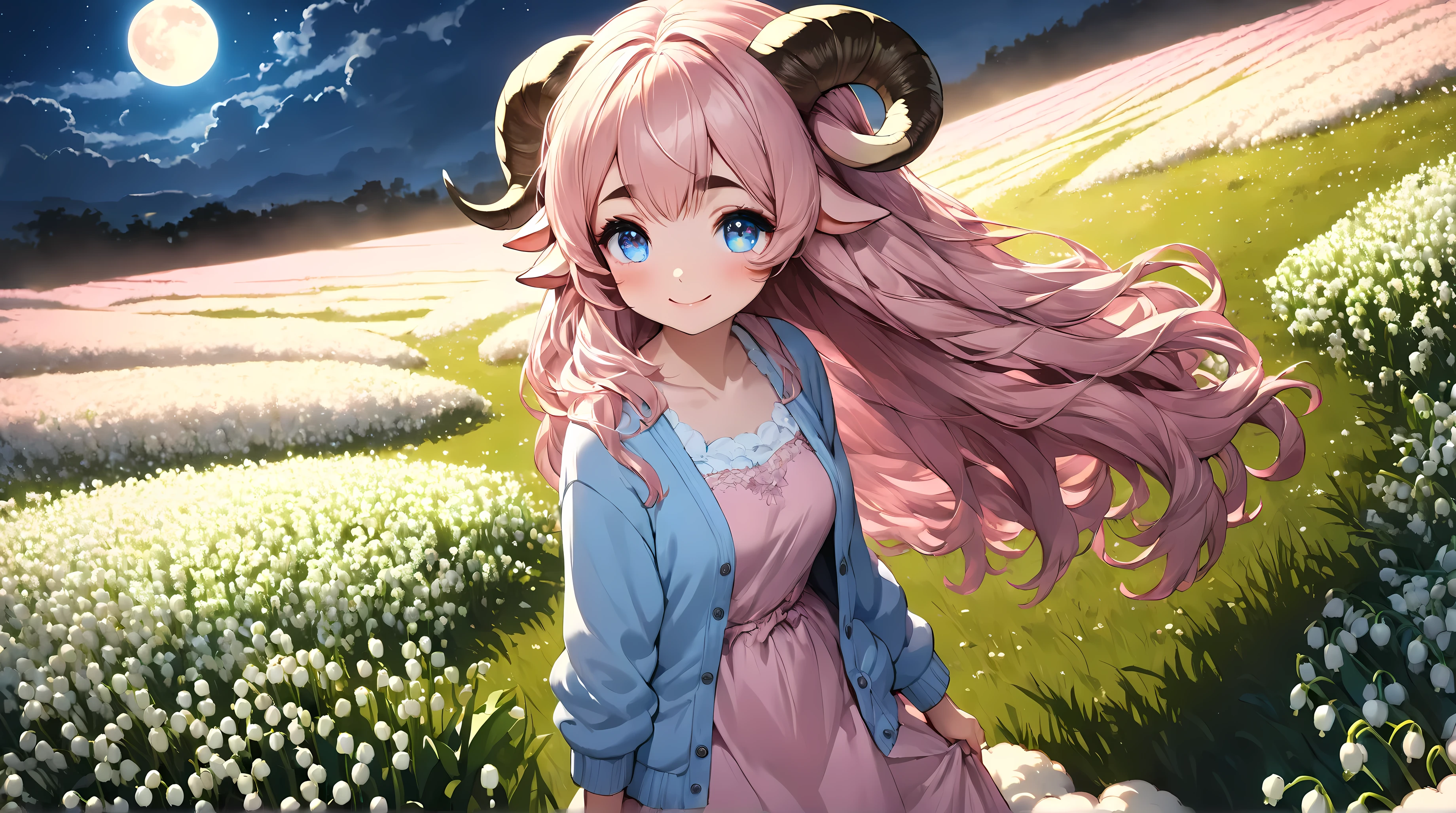 (masterpiece, best quality, extremely detailed, absurdres, very aesthetic), dutch angle, cowboy shot, (highly detailed background, lighting), (sheep girl\super detailed skin, detailed beautiful face and eyes, Big and soft anime eyes, Thick eyebrows:1.1,Fluffy long hair like a sheep's wool, pink hair, Each and every strand of hair is depicted in detail, Sheep's round horns, smile), jwel, Pink dress BREAK Natural elements, fantastical features, light and shadow effects, color and atmosphere, sky blue cardigan, Lily of the valley field at night, wide shot, Beautiful lily of the valley field under the moonlight, mid night