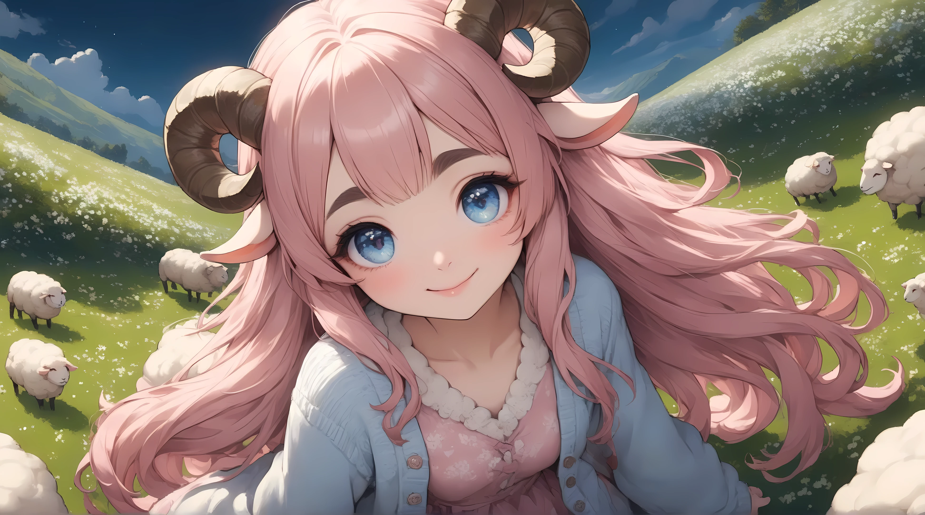 (masterpiece, best quality, extremely detailed, absurdres, very aesthetic), dutch angle, cowboy shot, (highly detailed background, lighting), (sheep girl\super detailed skin, detailed beautiful face and eyes, Big and soft anime eyes, Thick eyebrows:1.1,Fluffy long hair like a sheep's wool, pink hair, Each and every strand of hair is depicted in detail, Sheep's round horns, smile), jwel, Pink dress BREAK Natural elements, fantastical features, light and shadow effects, color and atmosphere, sky blue cardigan, Lily of the valley field at night, wide shot, Beautiful lily of the valley field under the moonlight, mid night