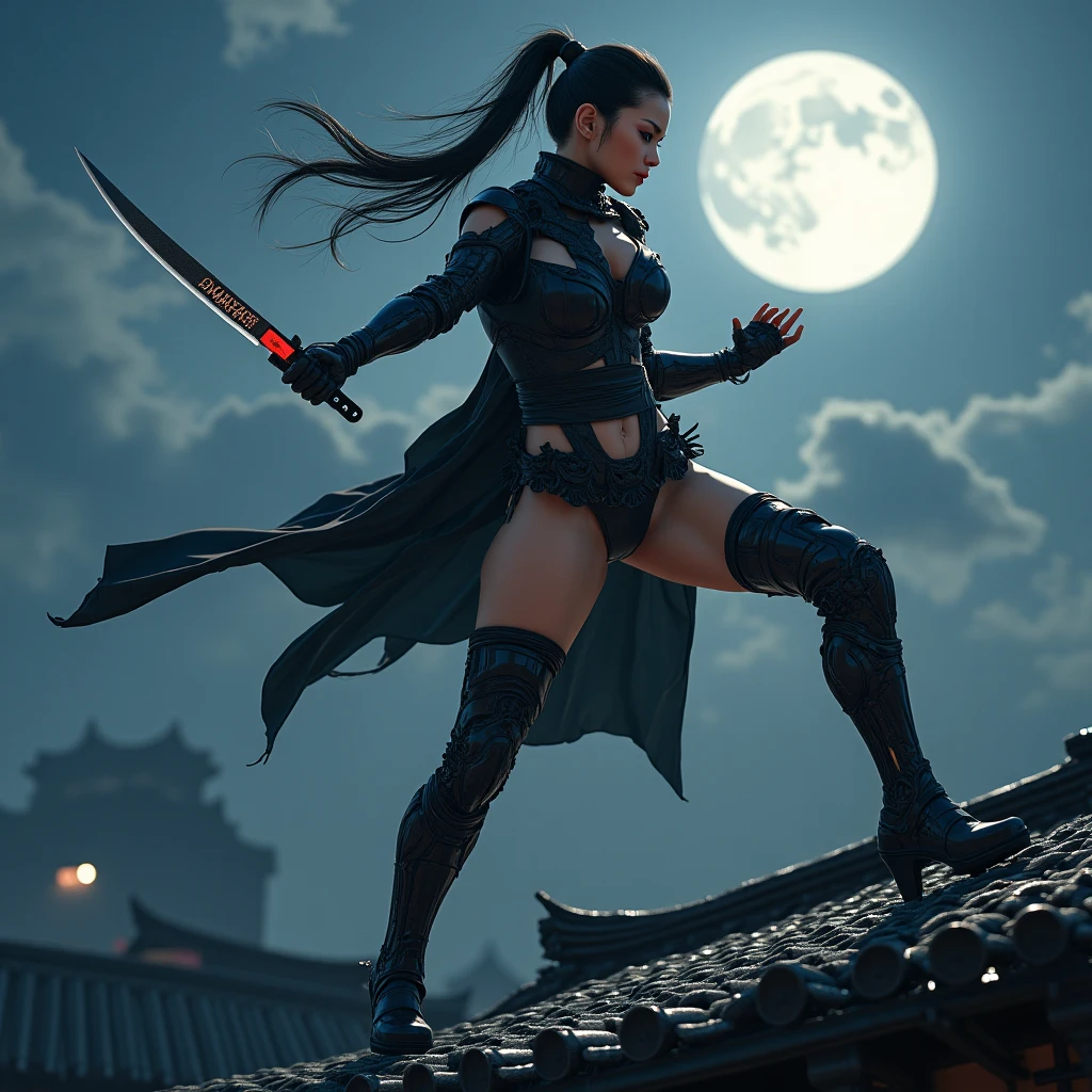 (((best quality))),(((ultra detailed))),(((masterpiece))),illustration,1lady,1woman,swordsman,woman warrior,traditional Chinese clothing,standing,ink style,martial arts,pose,rooftop,moonlight,night,background,ancient Chinese architecture,misty mountains,silhouette,serenity --ar 16:9