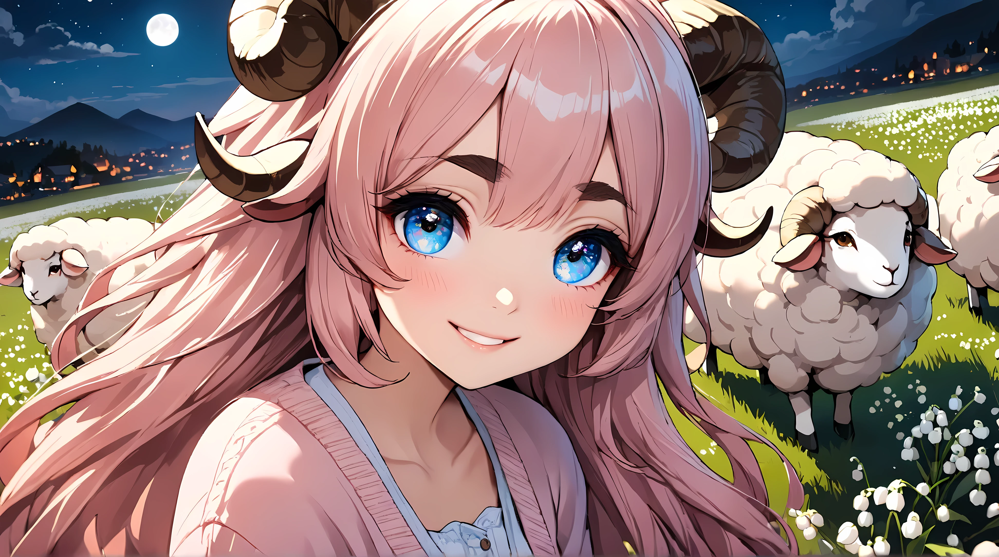 (masterpiece, best quality, extremely detailed, absurdres, very aesthetic), dutch angle, cowboy shot, (highly detailed background, lighting), (sheep girl\super detailed skin, detailed beautiful face and eyes, Big and soft anime eyes, Thick eyebrows:1.1,Fluffy long hair like a sheep's wool, pink hair, Each and every strand of hair is depicted in detail, Sheep's round horns, smile), jwel, Pink dress, sky blue cardigan, Lily of the valley field at night, wide shot, mid night