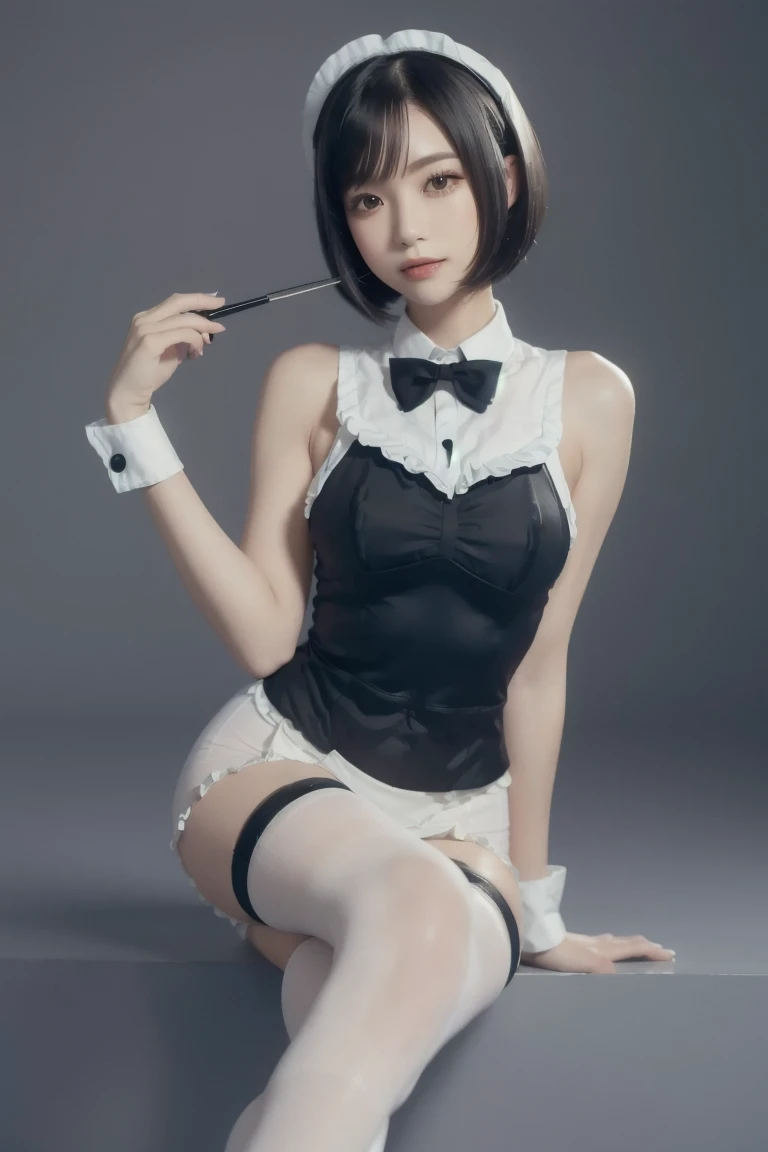 8k, Ultra-high resolution, Highest quality, masterpiece, 三分割法によるphotograph,Surreal, photograph, 1 Girl, (16 years old:1.3), pretty girl, Cute Face, Beautiful eyes in every detail, 細かくdetailedに,masterpiece,One Girl:1.2,Japanese female announcer,full body,Serious expression,Black short hair,Short ponytail,Sit in a big chair,((Fusion of Gothic Lolita and Lolita fashion:1.3)),Sit with your legs apart,Beautiful leg line beauty,bracelet, chest, choker, clavicle, Earrings,Gray background ,Perfect and beautiful face ,完璧でCute Face, Skin with attention to detail, Perfect limbs、Narrow waist,Looking at the audience,(((Ideal body type))),Aカップの小さなchest :2,Portraiture:2,Perfect ???????,鮮明なdetailed,detailed,Surreal,Light and shadow,spotlight