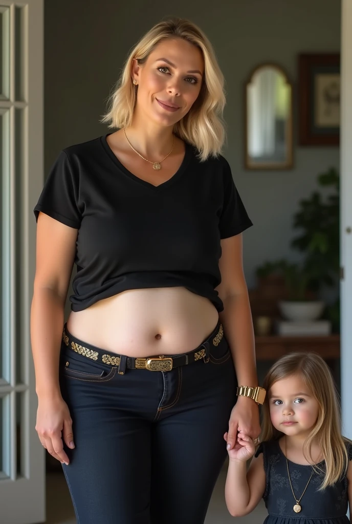 A mother, blonde hair, wearing a tight hot pants, and her very young daughter, in a garden