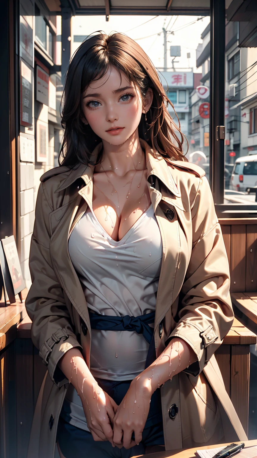 T-Shirts, coat, , (Realistic:1.4), (Highest quality:1.0), (Ultra-high resolution:1.0), 8K, RAW Photos, (masterpiece:0.2), , Did G, One girl, Detailed skin, View your viewers, Brown eyes, (Short hair with bangs:1.2), (Large Breasts:1.0), (Large areola:0.8), , (Purelos Face_v1:0.5)、Sexy proportions、Sexy、Long eyelashes、Heavy makeup、