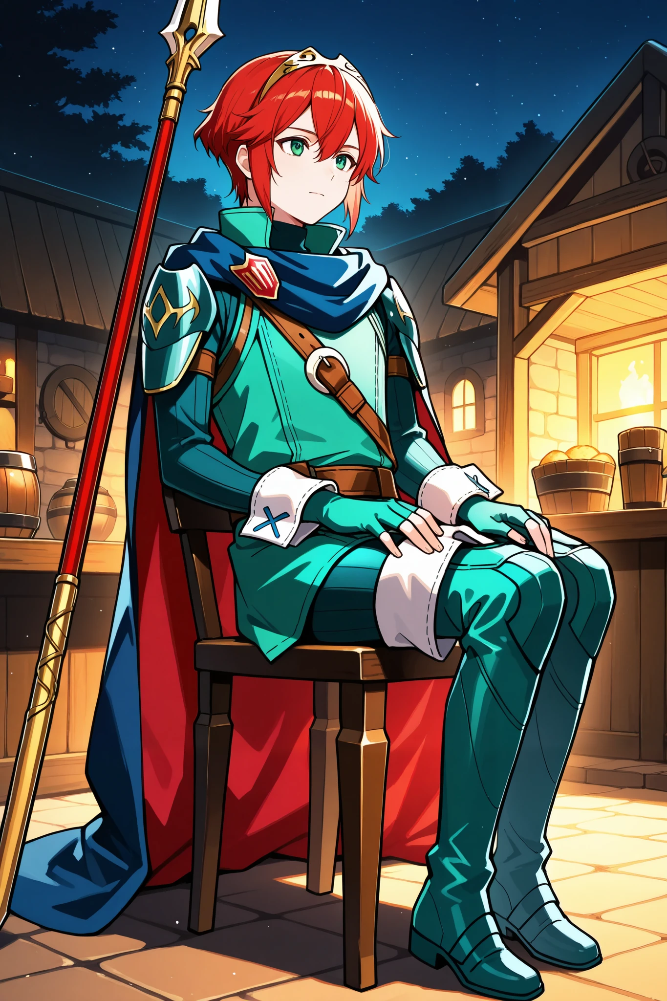 masterpiece, best quality, 1boy, solo, dfLuc, short hair, red hair, tiara, green eyes, cape, blue scarf, green tunic, long sleeves, cuffs, fingerless gloves, belt, green pants, thigh boots, full body, tavern, sit on a chair, holding spear, night, chiaroscuro