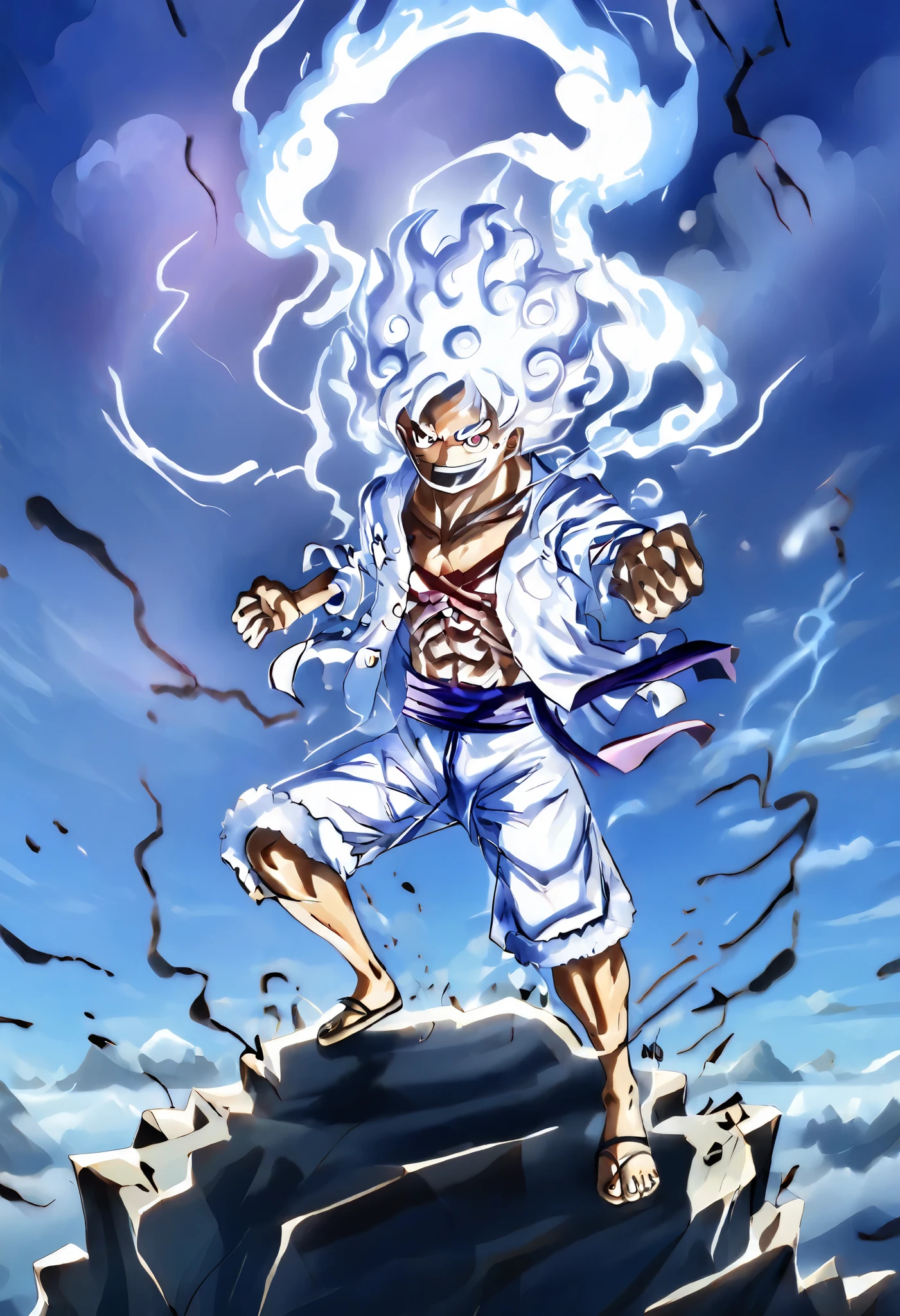Un guerrier divin (Goku), cheveux blancs électriques, assis en tailleur sur un nuage blanc flottant. Aura céleste, éclairs dorés et lumière divine. Tenue lumineuse et fluide (Gear 5). Visage serein, énergie colossale contenue. Derrière lui, un immense dragon divin (Shenron), écailles dorées scintillantes, regard empli de sagesse. Corps ondulant majestueusement entre des nuages immaculés. Ciel paradisiaque aux teintes pastel (rose, violet, bleu céleste), rayons angéliques traversant l’atmosphère. Montagnes flottantes, végétation divine, plumes lumineuses en suspension. Éclat mystique, scène transcendante, ambiance céleste et mythique, vision d’un paradis intemporel