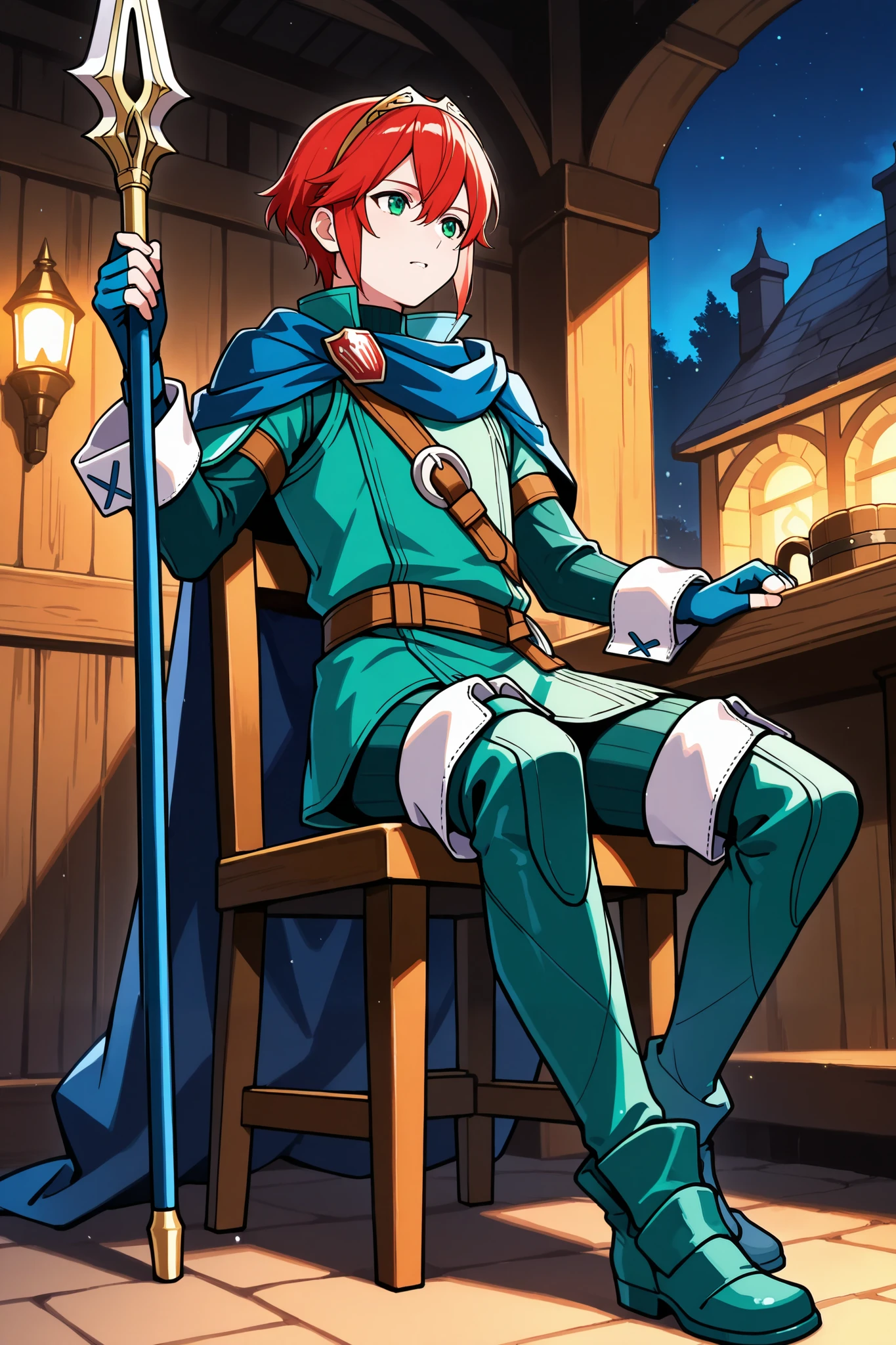 masterpiece, best quality, 1boy, solo, dfLuc, short hair, red hair, tiara, green eyes, cape, blue scarf, green tunic, long sleeves, cuffs, fingerless gloves, belt, green pants, thigh boots, full body, tavern, sit on a chair, holding spear, night, chiaroscuro