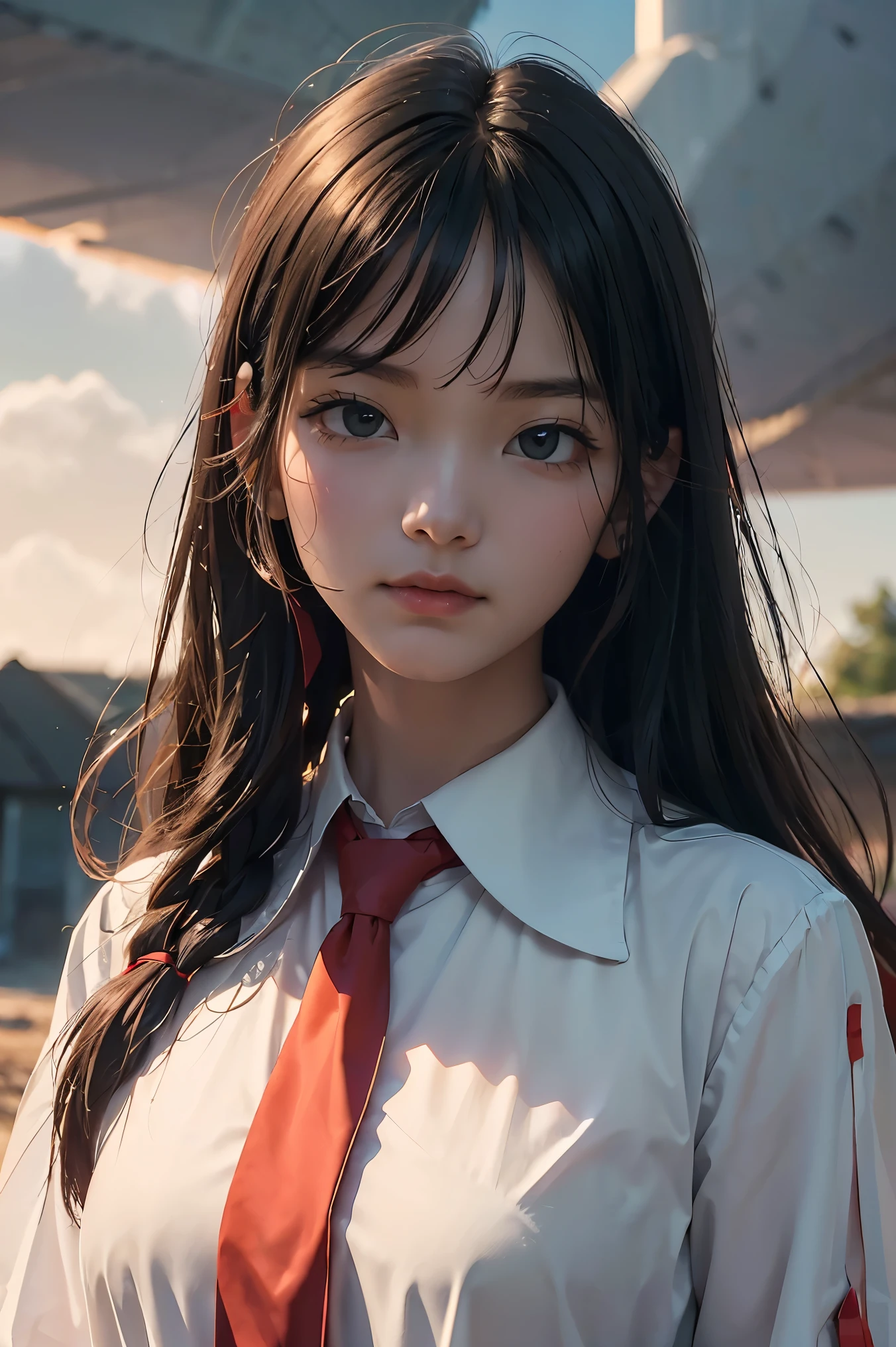 Close-up of poster of a person flying in the sky, movie promotional image, movie poster, Animated Poster Movie Still Portrait, (school uniform),Official Poster, Promotional poster, very - high - budget 영화, The girl is running,