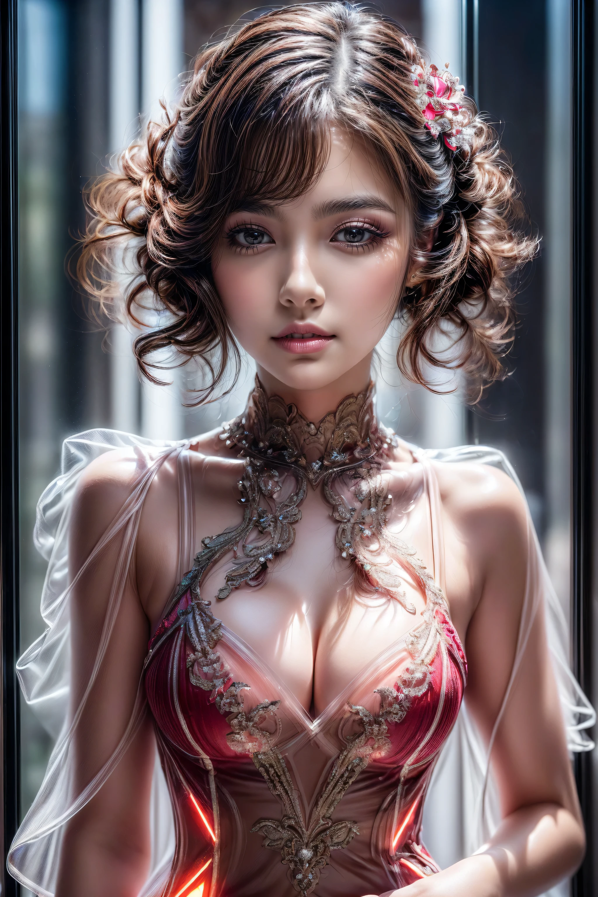 You have a mission, task ((The most beautiful woman in a perfectly tailored outfit in a given situation)), (give the solution), dress a fashion beautiaful model with a perfect figure in something nice, made of available materials (((silk)), ((canvas, nylon)), ((latex)), (fishnet), leather, ((jewelry:1.4)), (steel), (chains), (chainmail), bracelets, pendants, earrings)), I encourage you to draw them at the same time, ((Use any technique, any style, any outfit, Sew, ((embroider)), ((adjust the shooting direction of the lens to get the best effect)), ((I encourage you to choose the right background for your phenomenally drawn creation)), ((Use any technique, any style, any outfit, even choose eye color, makeup i colored hairstyle)), (((experiment, combine complex, multi-layered materialperiment with steel Armor and delicate materialperiment with the entire palette of colors and shadows))), ((Ultra-realistic最high quality、 8K、 The ultra -The high-definition))、(1 girl:1.3), ((photorealistic:1.66))、(Realistic:1.6)、 (masterpiece)、((absurdres))、 ((ultra sharp))、((perfect figure)), ((Highly detailed face and skin texture)), (Realistic faces), Original photo, (Super beautiful detailed face:1.4)、(Super beautiful detailed eyes:1.3)、((super detailed lips:1.1)、(super Detailed nose:1.1)、((small head:1.3))、 cleavage:1.1、 Wear an off-shoulder top, full bodyesbian、((Contrast))、((Brightly colored clothing))、((nightclub style))、((Pantieposing thighs))、(Erotic:1.5), (Look sideways, look up, look down (random expressions)), ((rich including decorative embroidery:1.33)), (white epic lacy:1.44), ((black silken skirt, (tinyskirt:1.32), no_panties, curvy)), ((very intricate design of epic bodysuits:1.55)), (full breasts:1.33), (narrow waist:1.3), medium ass, beautiful cheekbones, (slim belly: 1.3), (well-muscled body:1.32), slim face, red_lipstick:1.38、((perfect round eyes))、 dark pink_makeup:1.34、((matte skin:1.3))、((in a nightclub:1.2)),((neon sign), (professional lighting), Diffuse light